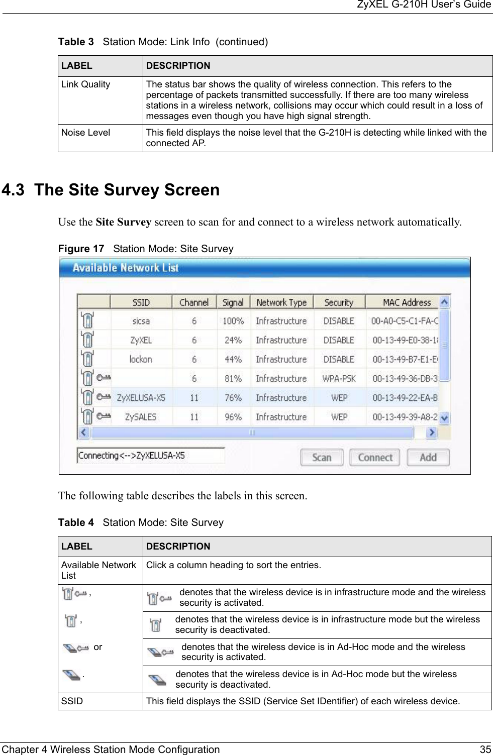ZyXEL G-210H User’s GuideChapter 4 Wireless Station Mode Configuration 354.3  The Site Survey Screen Use the Site Survey screen to scan for and connect to a wireless network automatically.Figure 17   Station Mode: Site Survey The following table describes the labels in this screen. Link Quality  The status bar shows the quality of wireless connection. This refers to the percentage of packets transmitted successfully. If there are too many wireless stations in a wireless network, collisions may occur which could result in a loss of messages even though you have high signal strength.Noise Level This field displays the noise level that the G-210H is detecting while linked with the connected AP.Table 3   Station Mode: Link Info  (continued)LABEL DESCRIPTIONTable 4   Station Mode: Site Survey LABEL DESCRIPTIONAvailable Network ListClick a column heading to sort the entries., denotes that the wireless device is in infrastructure mode and the wireless security is activated., denotes that the wireless device is in infrastructure mode but the wireless security is deactivated. or denotes that the wireless device is in Ad-Hoc mode and the wireless security is activated.. denotes that the wireless device is in Ad-Hoc mode but the wireless security is deactivated.SSID This field displays the SSID (Service Set IDentifier) of each wireless device.