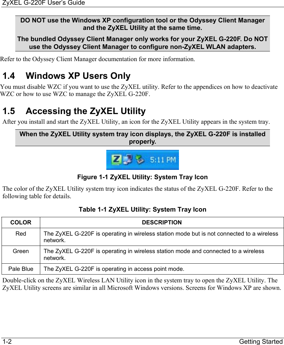 ZyXEL G-220F User’s Guide 1-2                                                                                                                              Getting Started DO NOT use the Windows XP configuration tool or the Odyssey Client Manager and the ZyXEL Utility at the same time. The bundled Odyssey Client Manager only works for your ZyXEL G-220F. Do NOT use the Odyssey Client Manager to configure non-ZyXEL WLAN adapters. Refer to the Odyssey Client Manager documentation for more information. 1.4  Windows XP Users Only You must disable WZC if you want to use the ZyXEL utility. Refer to the appendices on how to deactivate WZC or how to use WZC to manage the ZyXEL G-220F. 1.5  Accessing the ZyXEL Utility After you install and start the ZyXEL Utility, an icon for the ZyXEL Utility appears in the system tray. When the ZyXEL Utility system tray icon displays, the ZyXEL G-220F is installed properly.  Figure 1-1 ZyXEL Utility: System Tray Icon The color of the ZyXEL Utility system tray icon indicates the status of the ZyXEL G-220F. Refer to the following table for details.  Table 1-1 ZyXEL Utility: System Tray Icon COLOR DESCRIPTION Red  The ZyXEL G-220F is operating in wireless station mode but is not connected to a wireless network. Green  The ZyXEL G-220F is operating in wireless station mode and connected to a wireless network.  Pale Blue  The ZyXEL G-220F is operating in access point mode. Double-click on the ZyXEL Wireless LAN Utility icon in the system tray to open the ZyXEL Utility. The ZyXEL Utility screens are similar in all Microsoft Windows versions. Screens for Windows XP are shown. 