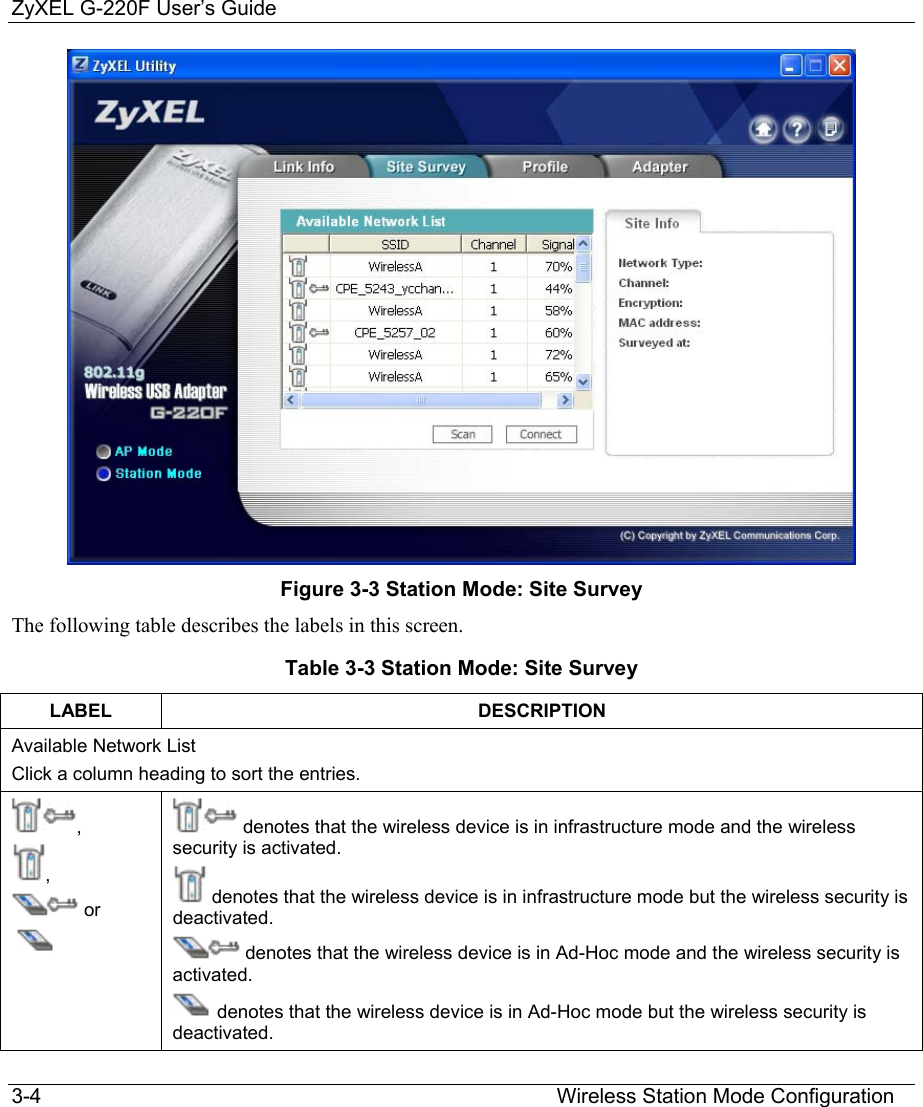ZyXEL G-220F User’s Guide 3-4                                                                                         Wireless Station Mode Configuration  Figure 3-3 Station Mode: Site Survey The following table describes the labels in this screen. Table 3-3 Station Mode: Site Survey LABEL DESCRIPTION Available Network List Click a column heading to sort the entries. ,  ,   or     denotes that the wireless device is in infrastructure mode and the wireless security is activated.   denotes that the wireless device is in infrastructure mode but the wireless security is deactivated.  denotes that the wireless device is in Ad-Hoc mode and the wireless security is activated.  denotes that the wireless device is in Ad-Hoc mode but the wireless security is deactivated. 