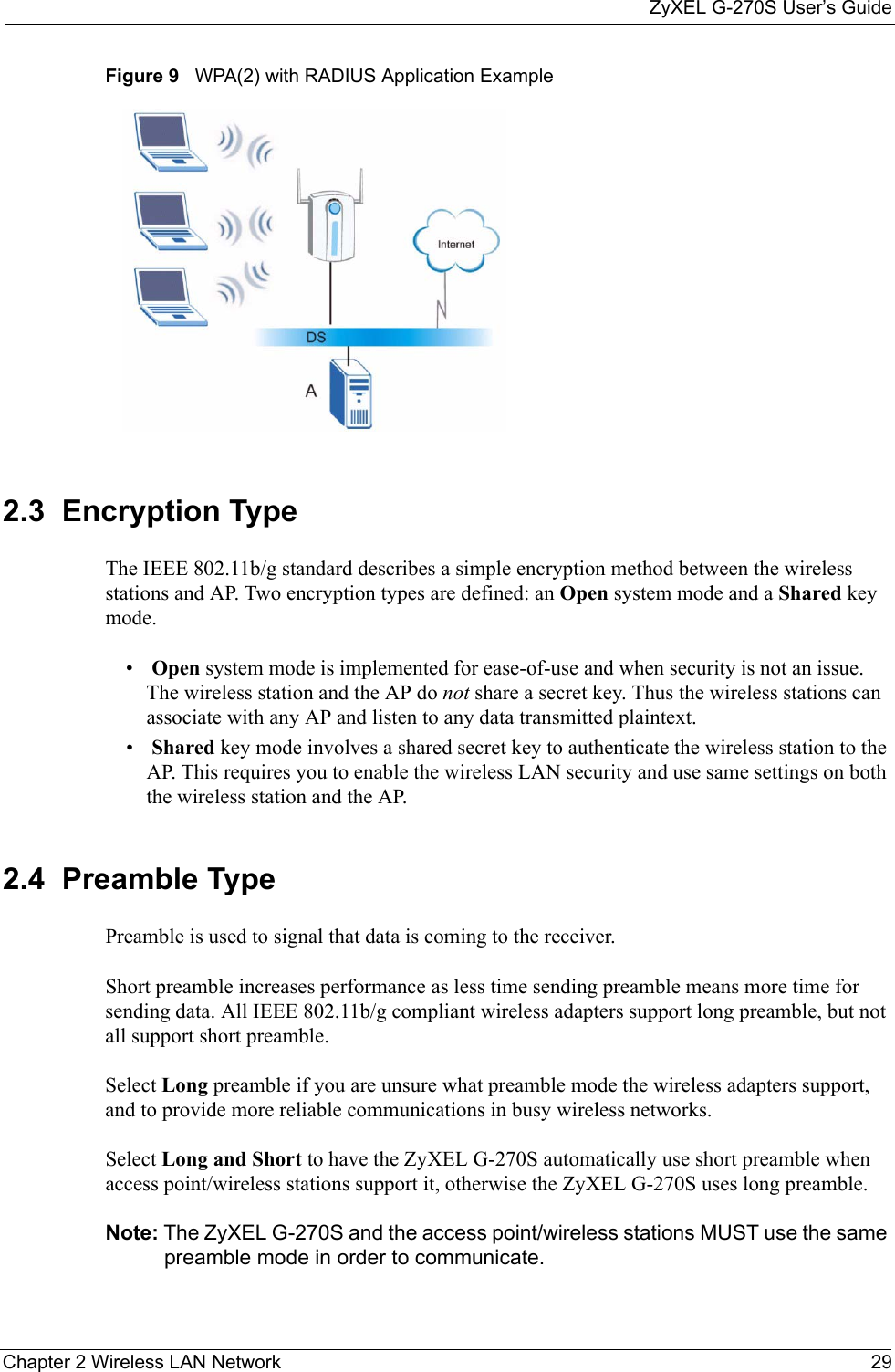 ZyXEL G-270S User’s GuideChapter 2 Wireless LAN Network 29Figure 9   WPA(2) with RADIUS Application Example2.3  Encryption TypeThe IEEE 802.11b/g standard describes a simple encryption method between the wireless stations and AP. Two encryption types are defined: an Open system mode and a Shared key mode.• Open system mode is implemented for ease-of-use and when security is not an issue. The wireless station and the AP do not share a secret key. Thus the wireless stations can associate with any AP and listen to any data transmitted plaintext.• Shared key mode involves a shared secret key to authenticate the wireless station to the AP. This requires you to enable the wireless LAN security and use same settings on both the wireless station and the AP. 2.4  Preamble TypePreamble is used to signal that data is coming to the receiver.  Short preamble increases performance as less time sending preamble means more time for sending data. All IEEE 802.11b/g compliant wireless adapters support long preamble, but not all support short preamble. Select Long preamble if you are unsure what preamble mode the wireless adapters support, and to provide more reliable communications in busy wireless networks. Select Long and Short to have the ZyXEL G-270S automatically use short preamble when  access point/wireless stations support it, otherwise the ZyXEL G-270S uses long preamble. Note: The ZyXEL G-270S and the access point/wireless stations MUST use the same preamble mode in order to communicate.