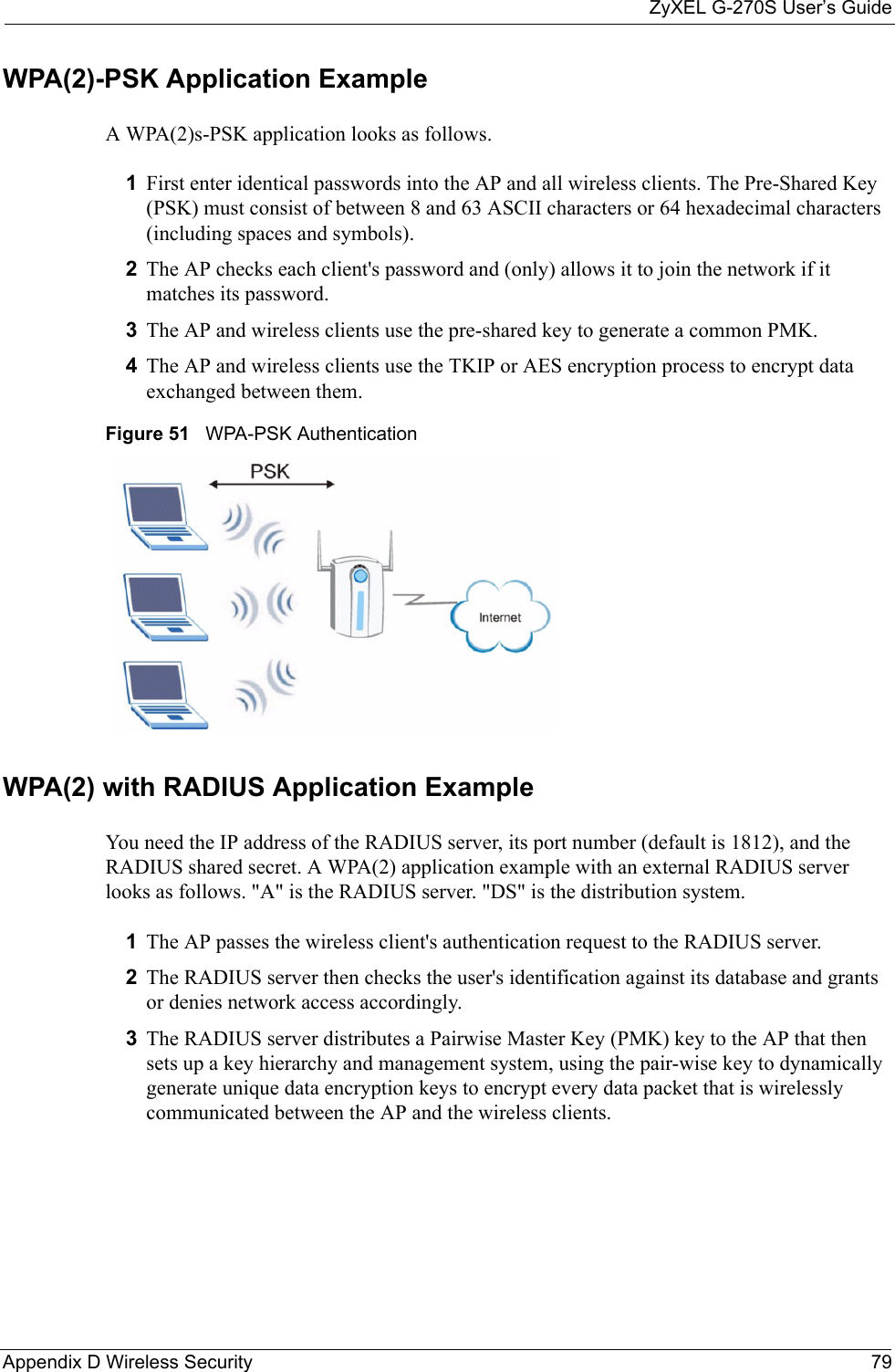 ZyXEL G-270S User’s GuideAppendix D Wireless Security 79WPA(2)-PSK Application ExampleA WPA(2)s-PSK application looks as follows.1First enter identical passwords into the AP and all wireless clients. The Pre-Shared Key (PSK) must consist of between 8 and 63 ASCII characters or 64 hexadecimal characters (including spaces and symbols).2The AP checks each client&apos;s password and (only) allows it to join the network if it matches its password.3The AP and wireless clients use the pre-shared key to generate a common PMK.4The AP and wireless clients use the TKIP or AES encryption process to encrypt data exchanged between them.Figure 51   WPA-PSK AuthenticationWPA(2) with RADIUS Application ExampleYou need the IP address of the RADIUS server, its port number (default is 1812), and the RADIUS shared secret. A WPA(2) application example with an external RADIUS server looks as follows. &quot;A&quot; is the RADIUS server. &quot;DS&quot; is the distribution system.1The AP passes the wireless client&apos;s authentication request to the RADIUS server.2The RADIUS server then checks the user&apos;s identification against its database and grants or denies network access accordingly.3The RADIUS server distributes a Pairwise Master Key (PMK) key to the AP that then sets up a key hierarchy and management system, using the pair-wise key to dynamically generate unique data encryption keys to encrypt every data packet that is wirelessly communicated between the AP and the wireless clients.