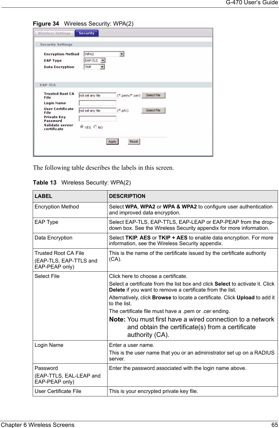 G-470 User’s GuideChapter 6 Wireless Screens 65Figure 34   Wireless Security: WPA(2)The following table describes the labels in this screen. Table 13   Wireless Security: WPA(2) LABEL DESCRIPTIONEncryption Method Select WPA, WPA2 or WPA &amp; WPA2 to configure user authentication and improved data encryption.EAP Type Select EAP-TLS, EAP-TTLS, EAP-LEAP or EAP-PEAP from the drop-down box. See the Wireless Security appendix for more information.Data Encryption Select TKIP, AES or TKIP + AES to enable data encryption. For more information, see the Wireless Security appendix. Trusted Root CA File(EAP-TLS, EAP-TTLS and EAP-PEAP only)This is the name of the certificate issued by the certificate authority (CA).Select File Click here to choose a certificate. Select a certificate from the list box and click Select to activate it. Click Delete if you want to remove a certificate from the list.Alternatively, click Browse to locate a certificate. Click Upload to add it to the list. The certificate file must have a .pem or .cer ending.Note: You must first have a wired connection to a network and obtain the certificate(s) from a certificate authority (CA). Login Name Enter a user name. This is the user name that you or an administrator set up on a RADIUS server.Password(EAP-TTLS, EAL-LEAP and EAP-PEAP only)Enter the password associated with the login name above.User Certificate File This is your encrypted private key file.