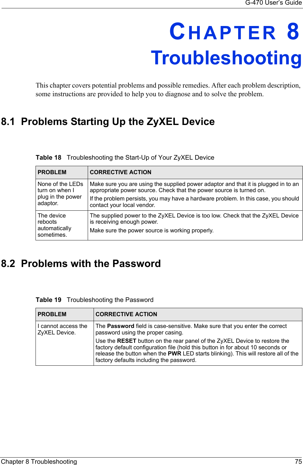 G-470 User’s GuideChapter 8 Troubleshooting 75CHAPTER 8TroubleshootingThis chapter covers potential problems and possible remedies. After each problem description, some instructions are provided to help you to diagnose and to solve the problem.8.1  Problems Starting Up the ZyXEL Device8.2  Problems with the PasswordTable 18   Troubleshooting the Start-Up of Your ZyXEL DevicePROBLEM CORRECTIVE ACTIONNone of the LEDs turn on when I plug in the power adaptor.Make sure you are using the supplied power adaptor and that it is plugged in to an appropriate power source. Check that the power source is turned on. If the problem persists, you may have a hardware problem. In this case, you should contact your local vendor.The device reboots automatically sometimes.The supplied power to the ZyXEL Device is too low. Check that the ZyXEL Device is receiving enough power.Make sure the power source is working properly.Table 19   Troubleshooting the PasswordPROBLEM CORRECTIVE ACTIONI cannot access the ZyXEL Device.The Password field is case-sensitive. Make sure that you enter the correct password using the proper casing.Use the RESET button on the rear panel of the ZyXEL Device to restore the factory default configuration file (hold this button in for about 10 seconds or release the button when the PWR LED starts blinking). This will restore all of the factory defaults including the password. 