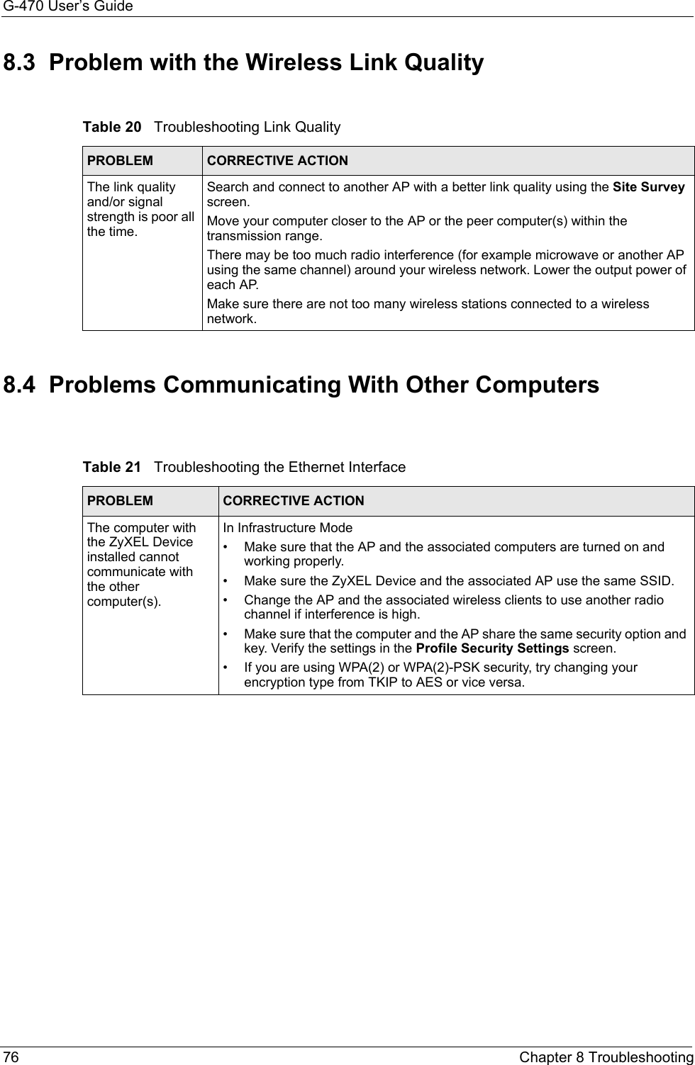 G-470 User’s Guide76 Chapter 8 Troubleshooting8.3  Problem with the Wireless Link Quality8.4  Problems Communicating With Other ComputersTable 20   Troubleshooting Link Quality PROBLEM CORRECTIVE ACTIONThe link quality and/or signal strength is poor all the time.Search and connect to another AP with a better link quality using the Site Survey screen.Move your computer closer to the AP or the peer computer(s) within the transmission range.There may be too much radio interference (for example microwave or another AP using the same channel) around your wireless network. Lower the output power of each AP.Make sure there are not too many wireless stations connected to a wireless network.Table 21   Troubleshooting the Ethernet InterfacePROBLEM CORRECTIVE ACTIONThe computer with the ZyXEL Device installed cannot communicate with the other computer(s).In Infrastructure Mode• Make sure that the AP and the associated computers are turned on and working properly.  • Make sure the ZyXEL Device and the associated AP use the same SSID.• Change the AP and the associated wireless clients to use another radio channel if interference is high.• Make sure that the computer and the AP share the same security option and key. Verify the settings in the Profile Security Settings screen.• If you are using WPA(2) or WPA(2)-PSK security, try changing your encryption type from TKIP to AES or vice versa.