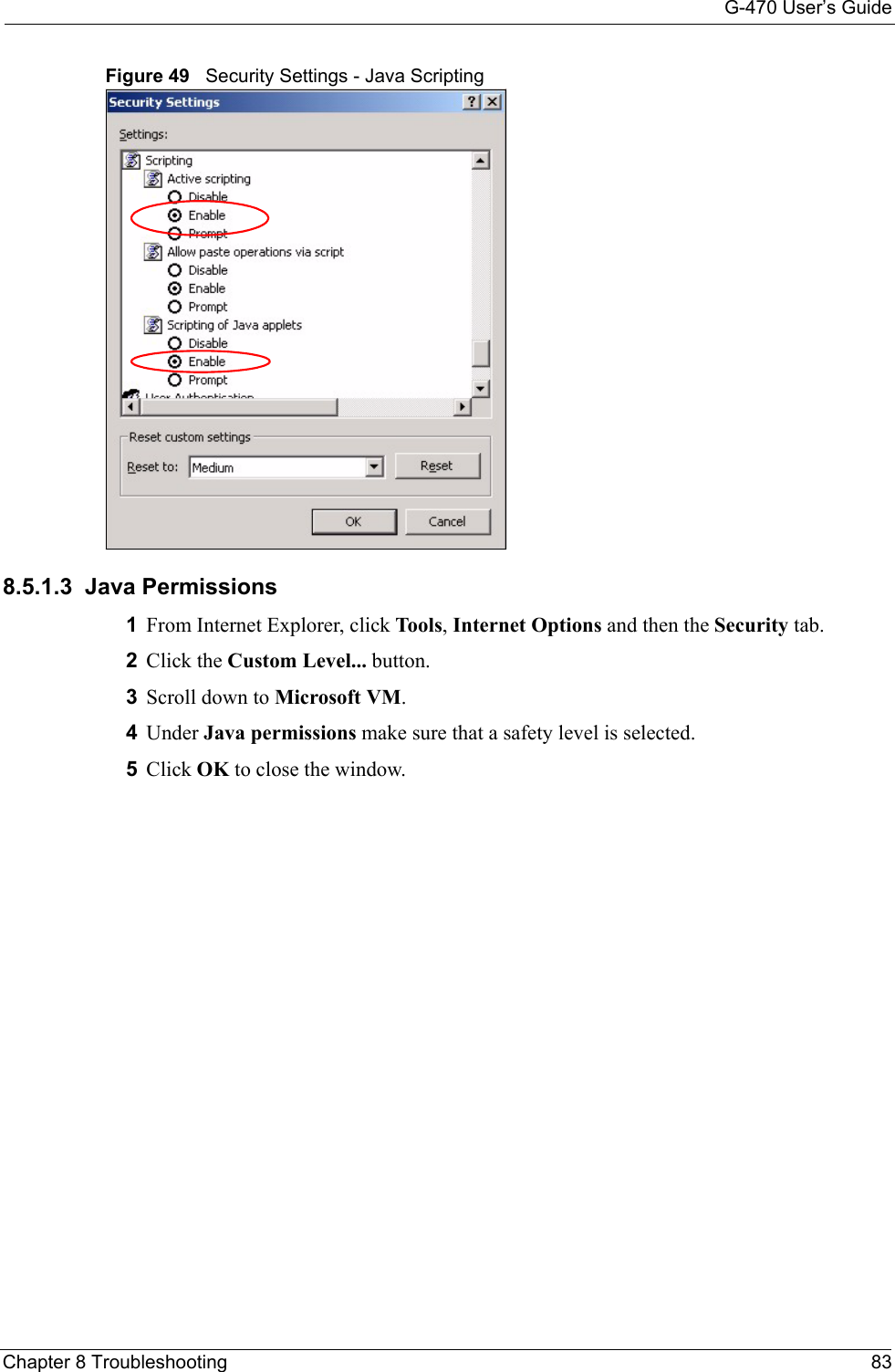 G-470 User’s GuideChapter 8 Troubleshooting 83Figure 49   Security Settings - Java Scripting8.5.1.3  Java Permissions1From Internet Explorer, click Tools, Internet Options and then the Security tab. 2Click the Custom Level... button. 3Scroll down to Microsoft VM. 4Under Java permissions make sure that a safety level is selected.5Click OK to close the window.