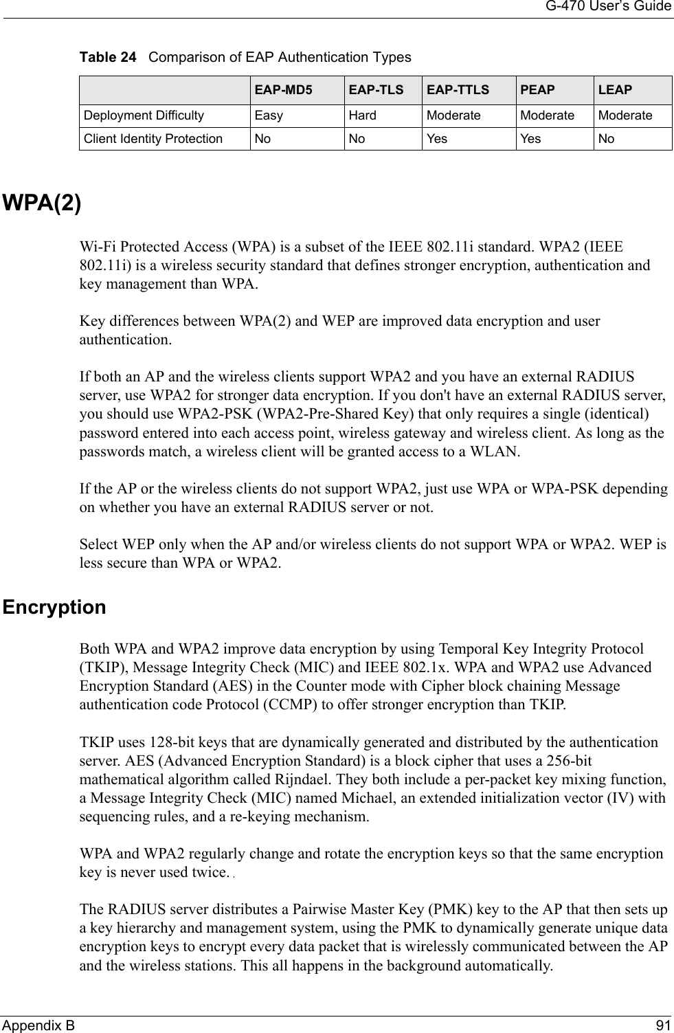 G-470 User’s GuideAppendix B 91WPA(2)Wi-Fi Protected Access (WPA) is a subset of the IEEE 802.11i standard. WPA2 (IEEE 802.11i) is a wireless security standard that defines stronger encryption, authentication and key management than WPA. Key differences between WPA(2) and WEP are improved data encryption and user authentication.If both an AP and the wireless clients support WPA2 and you have an external RADIUS server, use WPA2 for stronger data encryption. If you don&apos;t have an external RADIUS server, you should use WPA2-PSK (WPA2-Pre-Shared Key) that only requires a single (identical) password entered into each access point, wireless gateway and wireless client. As long as the passwords match, a wireless client will be granted access to a WLAN. If the AP or the wireless clients do not support WPA2, just use WPA or WPA-PSK depending on whether you have an external RADIUS server or not.Select WEP only when the AP and/or wireless clients do not support WPA or WPA2. WEP is less secure than WPA or WPA2.Encryption Both WPA and WPA2 improve data encryption by using Temporal Key Integrity Protocol (TKIP), Message Integrity Check (MIC) and IEEE 802.1x. WPA and WPA2 use Advanced Encryption Standard (AES) in the Counter mode with Cipher block chaining Message authentication code Protocol (CCMP) to offer stronger encryption than TKIP.TKIP uses 128-bit keys that are dynamically generated and distributed by the authentication server. AES (Advanced Encryption Standard) is a block cipher that uses a 256-bit mathematical algorithm called Rijndael. They both include a per-packet key mixing function, a Message Integrity Check (MIC) named Michael, an extended initialization vector (IV) with sequencing rules, and a re-keying mechanism.WPA and WPA2 regularly change and rotate the encryption keys so that the same encryption key is never used twice. The RADIUS server distributes a Pairwise Master Key (PMK) key to the AP that then sets up a key hierarchy and management system, using the PMK to dynamically generate unique data encryption keys to encrypt every data packet that is wirelessly communicated between the AP and the wireless stations. This all happens in the background automatically.Deployment Difficulty Easy Hard Moderate Moderate ModerateClient Identity Protection No No Yes Yes NoTable 24   Comparison of EAP Authentication TypesEAP-MD5 EAP-TLS EAP-TTLS PEAP LEAP