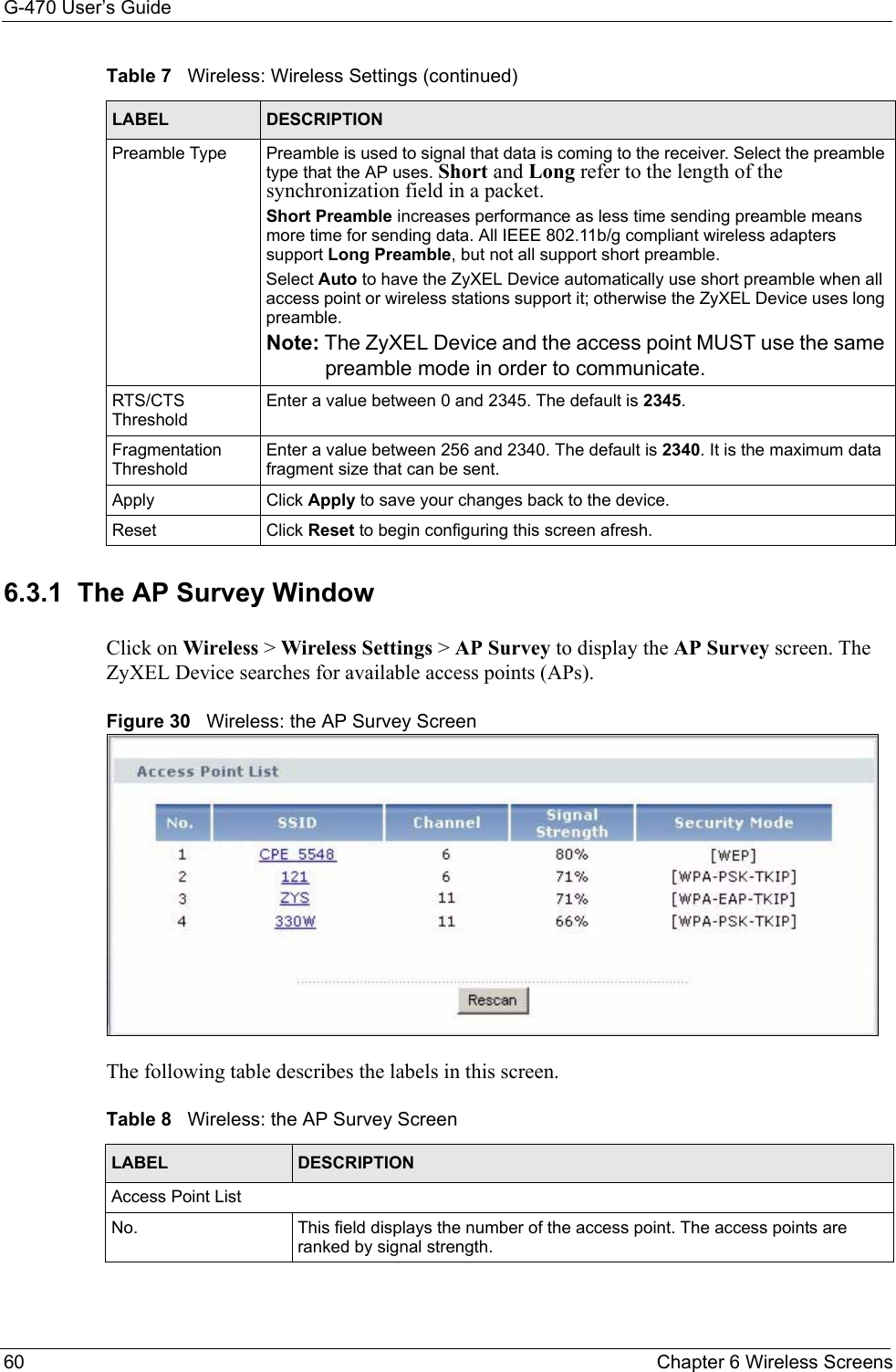 G-470 User’s Guide60 Chapter 6 Wireless Screens6.3.1  The AP Survey WindowClick on Wireless &gt; Wireless Settings &gt; AP Survey to display the AP Survey screen. The ZyXEL Device searches for available access points (APs). Figure 30   Wireless: the AP Survey ScreenThe following table describes the labels in this screen.Preamble Type Preamble is used to signal that data is coming to the receiver. Select the preamble type that the AP uses. Short and Long refer to the length of the synchronization field in a packet. Short Preamble increases performance as less time sending preamble means more time for sending data. All IEEE 802.11b/g compliant wireless adapters support Long Preamble, but not all support short preamble. Select Auto to have the ZyXEL Device automatically use short preamble when all access point or wireless stations support it; otherwise the ZyXEL Device uses long preamble. Note: The ZyXEL Device and the access point MUST use the same preamble mode in order to communicate.RTS/CTS ThresholdEnter a value between 0 and 2345. The default is 2345. Fragmentation ThresholdEnter a value between 256 and 2340. The default is 2340. It is the maximum data fragment size that can be sent.Apply Click Apply to save your changes back to the device.Reset Click Reset to begin configuring this screen afresh.Table 7   Wireless: Wireless Settings (continued)LABEL DESCRIPTIONTable 8   Wireless: the AP Survey ScreenLABEL DESCRIPTIONAccess Point ListNo. This field displays the number of the access point. The access points are ranked by signal strength.