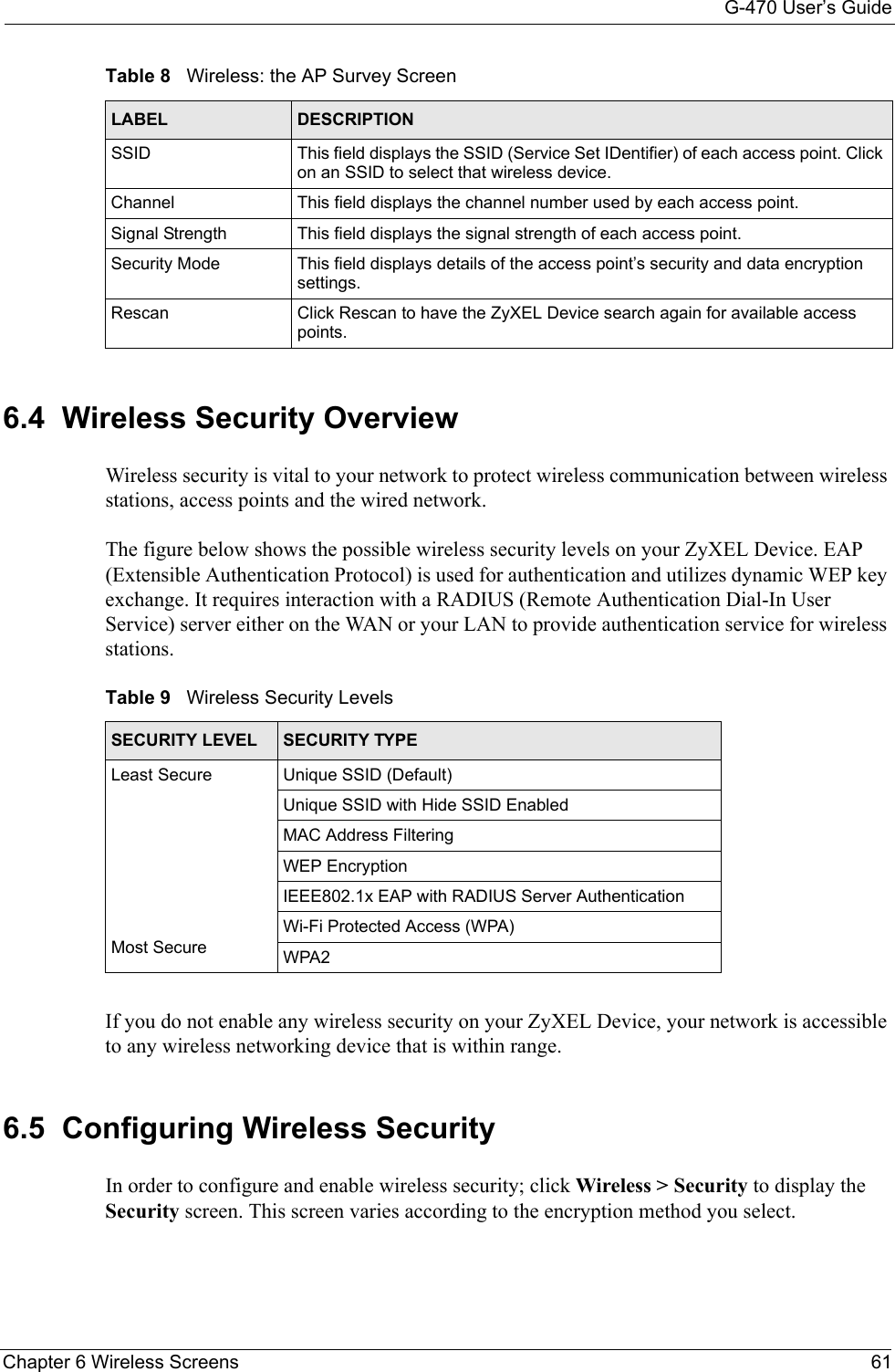 G-470 User’s GuideChapter 6 Wireless Screens 616.4  Wireless Security OverviewWireless security is vital to your network to protect wireless communication between wireless stations, access points and the wired network.The figure below shows the possible wireless security levels on your ZyXEL Device. EAP (Extensible Authentication Protocol) is used for authentication and utilizes dynamic WEP key exchange. It requires interaction with a RADIUS (Remote Authentication Dial-In User Service) server either on the WAN or your LAN to provide authentication service for wireless stations.If you do not enable any wireless security on your ZyXEL Device, your network is accessible to any wireless networking device that is within range.6.5  Configuring Wireless Security In order to configure and enable wireless security; click Wireless &gt; Security to display the Security screen. This screen varies according to the encryption method you select. SSID This field displays the SSID (Service Set IDentifier) of each access point. Click on an SSID to select that wireless device.Channel This field displays the channel number used by each access point.Signal Strength This field displays the signal strength of each access point.Security Mode This field displays details of the access point’s security and data encryption settings.Rescan Click Rescan to have the ZyXEL Device search again for available access points.Table 8   Wireless: the AP Survey ScreenLABEL DESCRIPTIONTable 9   Wireless Security LevelsSECURITY LEVEL SECURITY TYPEL e a s t        S e c u r e                                                                                        Most SecureUnique SSID (Default)Unique SSID with Hide SSID EnabledMAC Address FilteringWEP EncryptionIEEE802.1x EAP with RADIUS Server AuthenticationWi-Fi Protected Access (WPA)WPA2