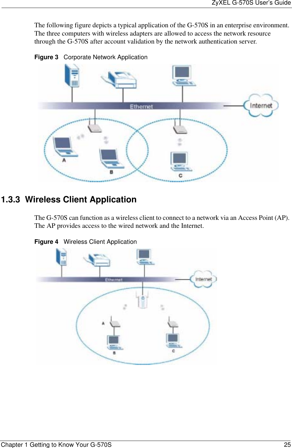 ZyXEL G-570S User’s GuideChapter 1 Getting to Know Your G-570S 25The following figure depicts a typical application of the G-570S in an enterprise environment. The three computers with wireless adapters are allowed to access the network resource through the G-570S after account validation by the network authentication server.Figure 3   Corporate Network Application1.3.3  Wireless Client ApplicationThe G-570S can function as a wireless client to connect to a network via an Access Point (AP). The AP provides access to the wired network and the Internet. Figure 4   Wireless Client Application 