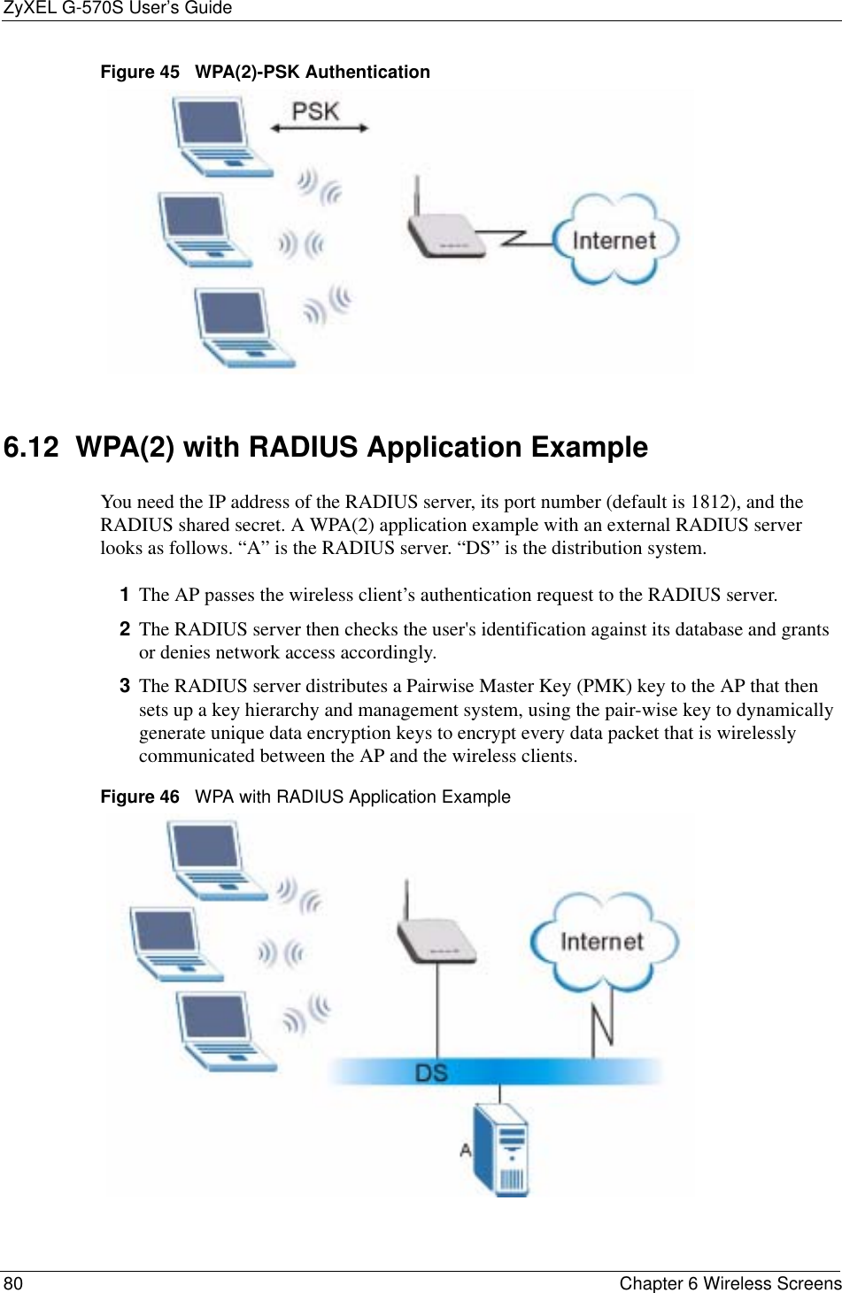 ZyXEL G-570S User’s Guide80 Chapter 6 Wireless ScreensFigure 45   WPA(2)-PSK Authentication6.12  WPA(2) with RADIUS Application ExampleYou need the IP address of the RADIUS server, its port number (default is 1812), and the RADIUS shared secret. A WPA(2) application example with an external RADIUS server looks as follows. “A” is the RADIUS server. “DS” is the distribution system.1The AP passes the wireless client’s authentication request to the RADIUS server.2The RADIUS server then checks the user&apos;s identification against its database and grants or denies network access accordingly.3The RADIUS server distributes a Pairwise Master Key (PMK) key to the AP that then sets up a key hierarchy and management system, using the pair-wise key to dynamically generate unique data encryption keys to encrypt every data packet that is wirelessly communicated between the AP and the wireless clients. Figure 46   WPA with RADIUS Application Example