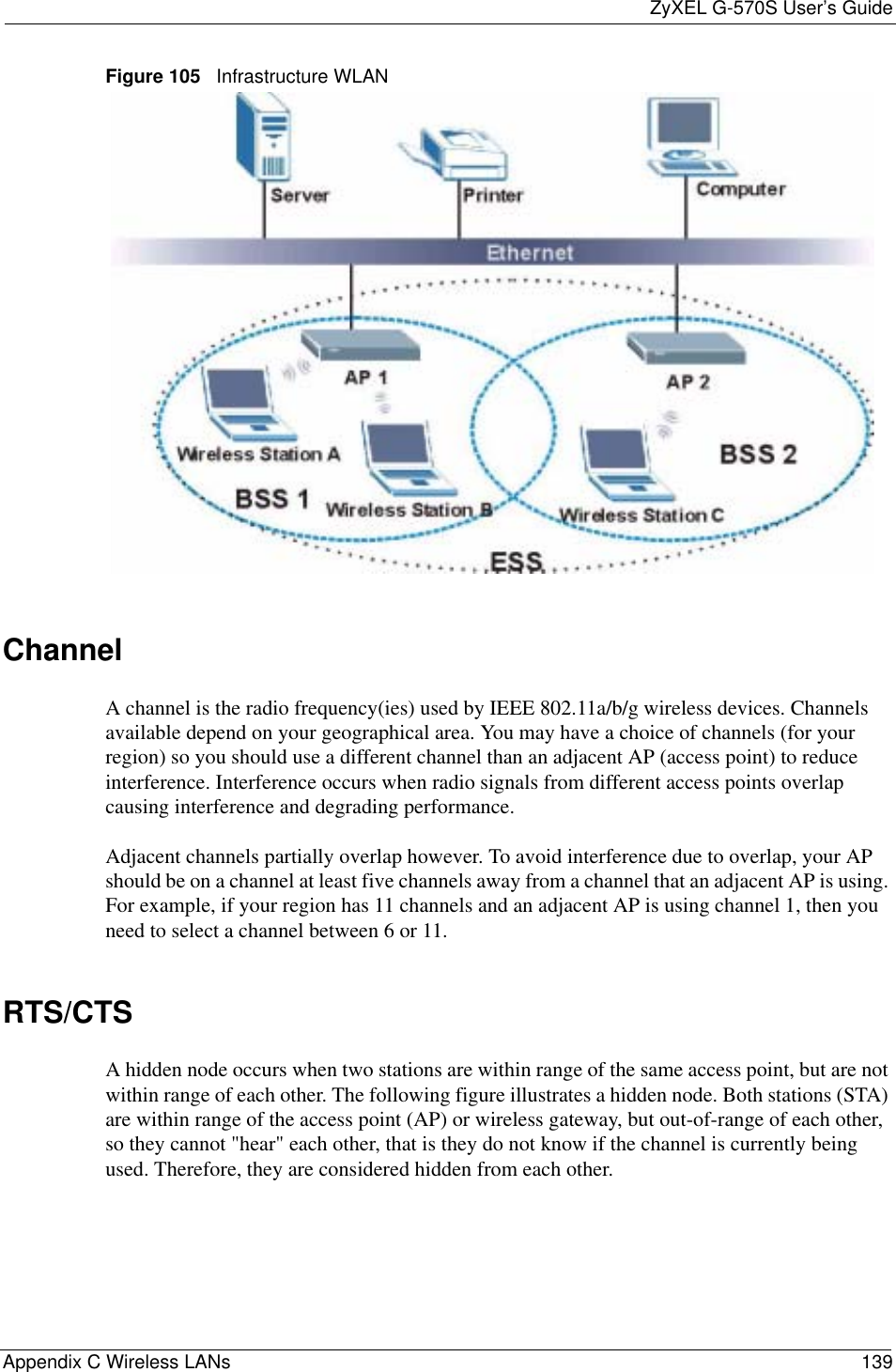 ZyXEL G-570S User’s GuideAppendix C Wireless LANs 139Figure 105   Infrastructure WLANChannelA channel is the radio frequency(ies) used by IEEE 802.11a/b/g wireless devices. Channels available depend on your geographical area. You may have a choice of channels (for your region) so you should use a different channel than an adjacent AP (access point) to reduce interference. Interference occurs when radio signals from different access points overlap causing interference and degrading performance.Adjacent channels partially overlap however. To avoid interference due to overlap, your AP should be on a channel at least five channels away from a channel that an adjacent AP is using. For example, if your region has 11 channels and an adjacent AP is using channel 1, then you need to select a channel between 6 or 11.RTS/CTSA hidden node occurs when two stations are within range of the same access point, but are not within range of each other. The following figure illustrates a hidden node. Both stations (STA) are within range of the access point (AP) or wireless gateway, but out-of-range of each other, so they cannot &quot;hear&quot; each other, that is they do not know if the channel is currently being used. Therefore, they are considered hidden from each other. 