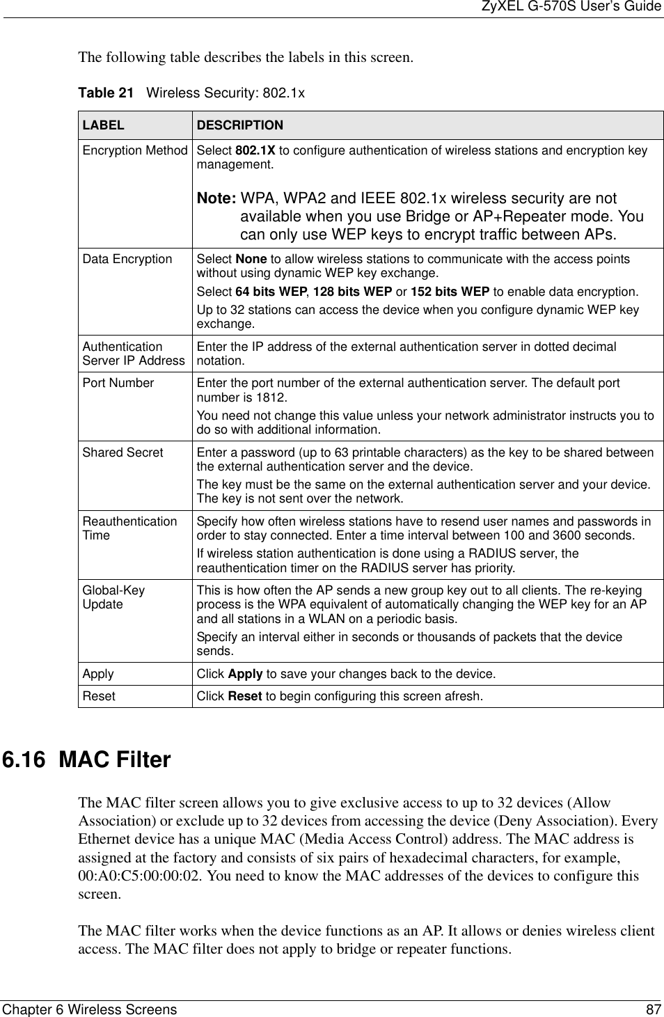ZyXEL G-570S User’s GuideChapter 6 Wireless Screens 87The following table describes the labels in this screen. 6.16  MAC Filter The MAC filter screen allows you to give exclusive access to up to 32 devices (Allow Association) or exclude up to 32 devices from accessing the device (Deny Association). Every Ethernet device has a unique MAC (Media Access Control) address. The MAC address is assigned at the factory and consists of six pairs of hexadecimal characters, for example, 00:A0:C5:00:00:02. You need to know the MAC addresses of the devices to configure this screen.The MAC filter works when the device functions as an AP. It allows or denies wireless client access. The MAC filter does not apply to bridge or repeater functions.Table 21   Wireless Security: 802.1xLABEL DESCRIPTIONEncryption Method Select 802.1X to configure authentication of wireless stations and encryption key management.Note: WPA, WPA2 and IEEE 802.1x wireless security are not available when you use Bridge or AP+Repeater mode. You can only use WEP keys to encrypt traffic between APs.Data Encryption Select None to allow wireless stations to communicate with the access points without using dynamic WEP key exchange. Select 64 bits WEP,128 bits WEP or 152 bits WEP to enable data encryption. Up to 32 stations can access the device when you configure dynamic WEP key exchange.Authentication Server IP Address Enter the IP address of the external authentication server in dotted decimal notation.Port Number Enter the port number of the external authentication server. The default port number is 1812.You need not change this value unless your network administrator instructs you to do so with additional information.Shared Secret Enter a password (up to 63 printable characters) as the key to be shared between the external authentication server and the device.The key must be the same on the external authentication server and your device. The key is not sent over the network.Reauthentication Time Specify how often wireless stations have to resend user names and passwords in order to stay connected. Enter a time interval between 100 and 3600 seconds. If wireless station authentication is done using a RADIUS server, the reauthentication timer on the RADIUS server has priority. Global-Key Update This is how often the AP sends a new group key out to all clients. The re-keying process is the WPA equivalent of automatically changing the WEP key for an AP and all stations in a WLAN on a periodic basis. Specify an interval either in seconds or thousands of packets that the device sends.Apply Click Apply to save your changes back to the device.Reset Click Reset to begin configuring this screen afresh.