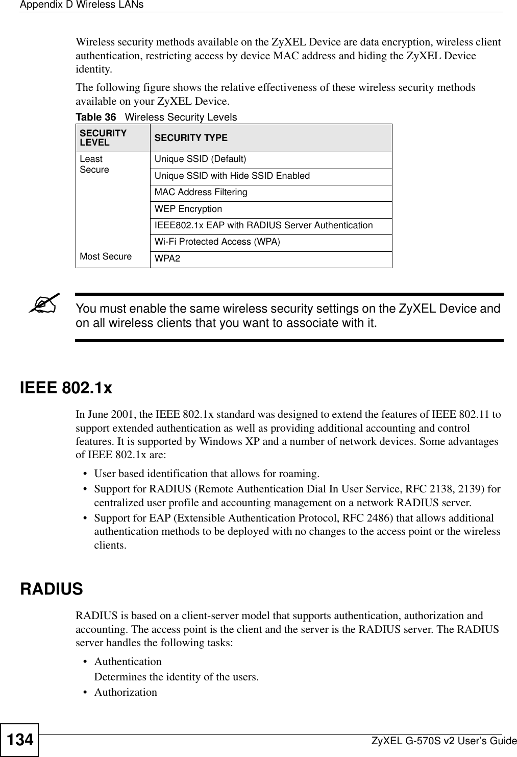 Appendix D Wireless LANsZyXEL G-570S v2 User’s Guide134Wireless security methods available on the ZyXEL Device are data encryption, wireless client authentication, restricting access by device MAC address and hiding the ZyXEL Device identity.The following figure shows the relative effectiveness of these wireless security methods available on your ZyXEL Device.&quot;You must enable the same wireless security settings on the ZyXEL Device and on all wireless clients that you want to associate with it. IEEE 802.1xIn June 2001, the IEEE 802.1x standard was designed to extend the features of IEEE 802.11 to support extended authentication as well as providing additional accounting and control features. It is supported by Windows XP and a number of network devices. Some advantages of IEEE 802.1x are:• User based identification that allows for roaming.• Support for RADIUS (Remote Authentication Dial In User Service, RFC 2138, 2139) for centralized user profile and accounting management on a network RADIUS server. • Support for EAP (Extensible Authentication Protocol, RFC 2486) that allows additional authentication methods to be deployed with no changes to the access point or the wireless clients.RADIUSRADIUS is based on a client-server model that supports authentication, authorization and accounting. The access point is the client and the server is the RADIUS server. The RADIUS server handles the following tasks:• Authentication Determines the identity of the users.• AuthorizationTable 36   Wireless Security LevelsSECURITY LEVEL SECURITY TYPELeast       S e c u r e                                                                                      Most SecureUnique SSID (Default)Unique SSID with Hide SSID EnabledMAC Address FilteringWEP EncryptionIEEE802.1x EAP with RADIUS Server AuthenticationWi-Fi Protected Access (WPA)WPA2
