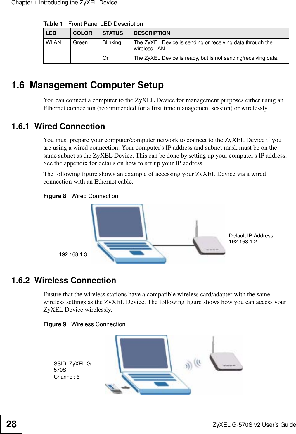 Chapter 1 Introducing the ZyXEL DeviceZyXEL G-570S v2 User’s Guide281.6  Management Computer SetupYou can connect a computer to the ZyXEL Device for management purposes either using an Ethernet connection (recommended for a first time management session) or wirelessly.1.6.1  Wired ConnectionYou must prepare your computer/computer network to connect to the ZyXEL Device if you are using a wired connection. Your computer&apos;s IP address and subnet mask must be on the same subnet as the ZyXEL Device. This can be done by setting up your computer&apos;s IP address. See the appendix for details on how to set up your IP address.The following figure shows an example of accessing your ZyXEL Device via a wired connection with an Ethernet cable.Figure 8   Wired Connection1.6.2  Wireless ConnectionEnsure that the wireless stations have a compatible wireless card/adapter with the same wireless settings as the ZyXEL Device. The following figure shows how you can access your ZyXEL Device wirelessly.Figure 9   Wireless ConnectionWLAN Green Blinking The ZyXEL Device is sending or receiving data through the wireless LAN.On The ZyXEL Device is ready, but is not sending/receiving data.Table 1   Front Panel LED DescriptionLED COLOR STATUS DESCRIPTION192.168.1.3Default IP Address: 192.168.1.2SSID: ZyXEL G-570SChannel: 6