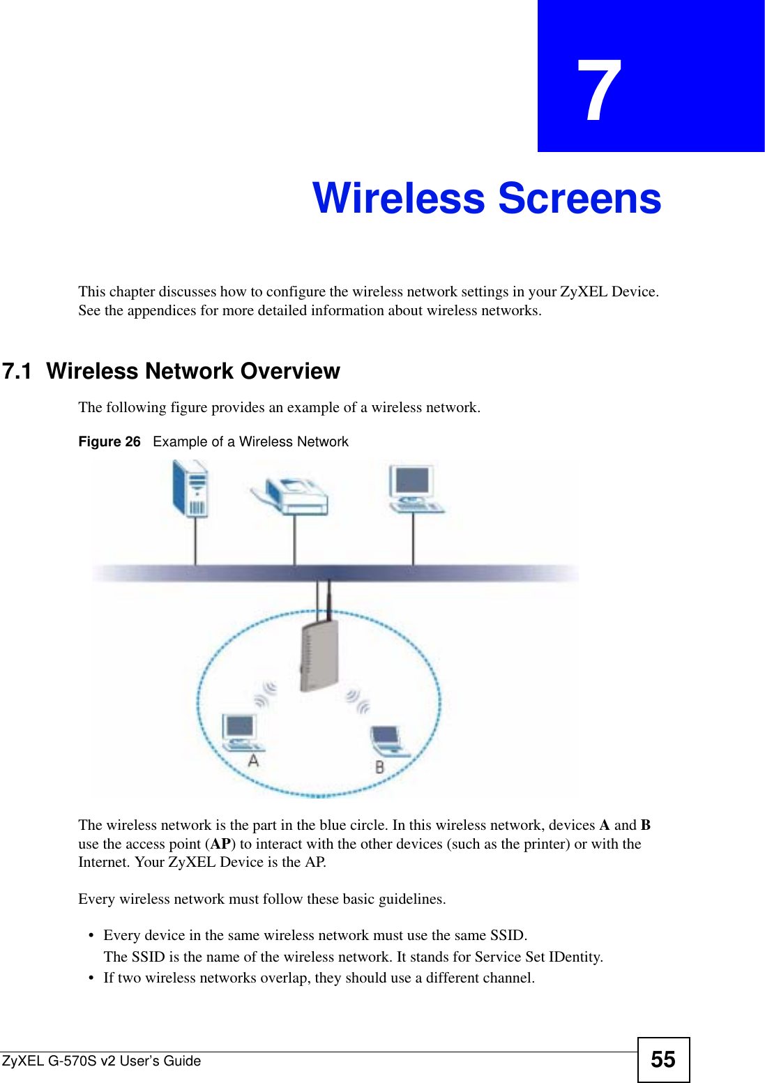 ZyXEL G-570S v2 User’s Guide 55CHAPTER  7 Wireless ScreensThis chapter discusses how to configure the wireless network settings in your ZyXEL Device. See the appendices for more detailed information about wireless networks. 7.1  Wireless Network OverviewThe following figure provides an example of a wireless network.Figure 26   Example of a Wireless NetworkThe wireless network is the part in the blue circle. In this wireless network, devices A and Buse the access point (AP) to interact with the other devices (such as the printer) or with the Internet. Your ZyXEL Device is the AP.Every wireless network must follow these basic guidelines.• Every device in the same wireless network must use the same SSID.The SSID is the name of the wireless network. It stands for Service Set IDentity.• If two wireless networks overlap, they should use a different channel.