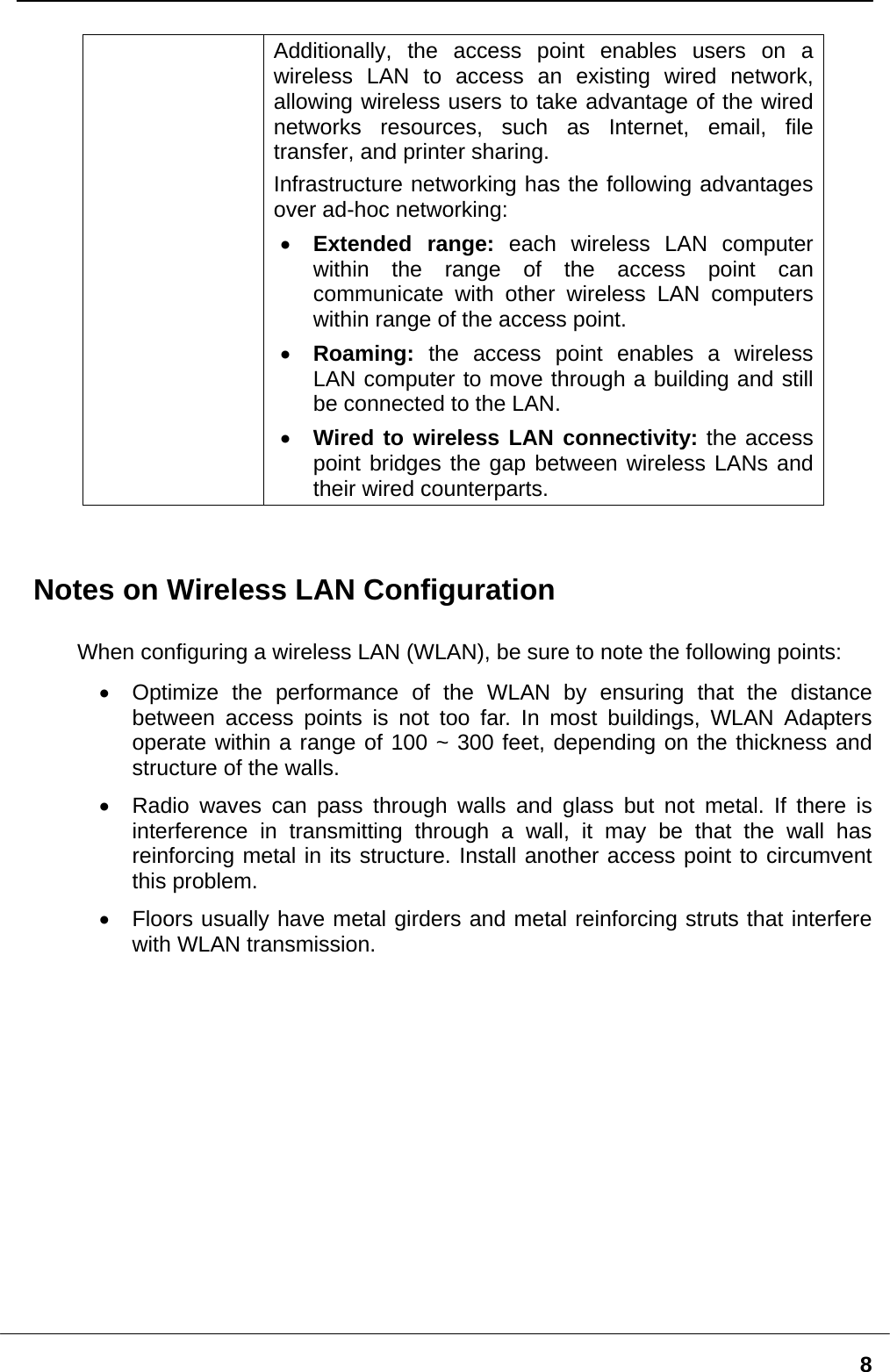   8Additionally, the access point enables users on a wireless LAN to access an existing wired network, allowing wireless users to take advantage of the wired networks resources, such as Internet, email, file transfer, and printer sharing.   Infrastructure networking has the following advantages over ad-hoc networking: •  Extended range: each wireless LAN computer within the range of the access point can communicate with other wireless LAN computers within range of the access point. •  Roaming: the access point enables a wireless LAN computer to move through a building and still be connected to the LAN. •  Wired to wireless LAN connectivity: the access point bridges the gap between wireless LANs and their wired counterparts.   Notes on Wireless LAN Configuration  When configuring a wireless LAN (WLAN), be sure to note the following points: •  Optimize the performance of the WLAN by ensuring that the distance between access points is not too far. In most buildings, WLAN Adapters operate within a range of 100 ~ 300 feet, depending on the thickness and structure of the walls.   •  Radio waves can pass through walls and glass but not metal. If there is interference in transmitting through a wall, it may be that the wall has reinforcing metal in its structure. Install another access point to circumvent this problem. •  Floors usually have metal girders and metal reinforcing struts that interfere with WLAN transmission.     