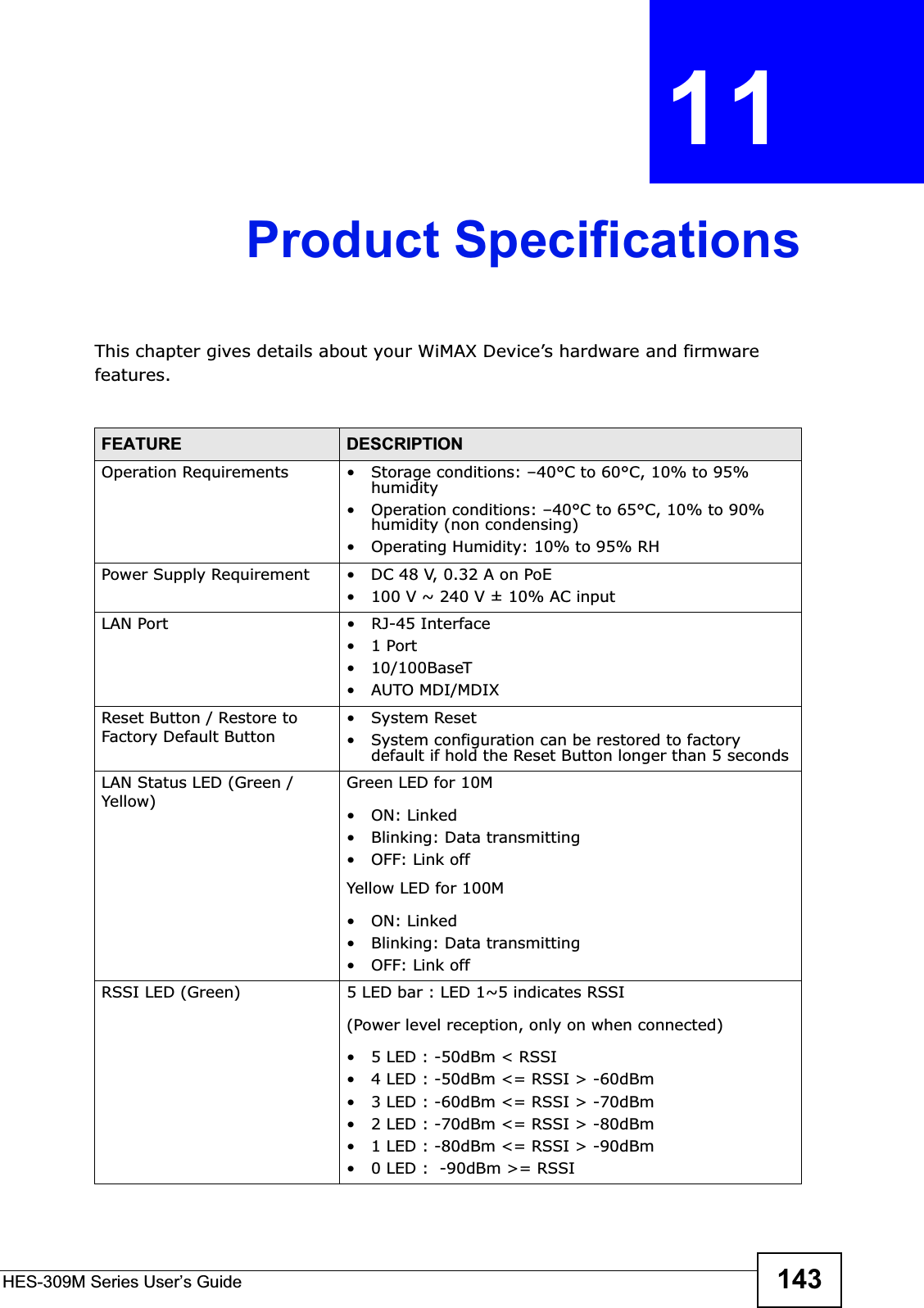 HES-309M Series User’s Guide 143CHAPTER 11 Product SpecificationsThis chapter gives details about your WiMAX Device’s hardware and firmware features.FEATURE DESCRIPTIONOperation Requirements • Storage conditions: –40°C to 60°C, 10% to 95% humidity• Operation conditions: –40°C to 65°C, 10% to 90% humidity (non condensing)• Operating Humidity: 10% to 95% RHPower Supply Requirement • DC 48 V, 0.32 A on PoE• 100 V ~ 240 V ± 10% AC inputLAN Port • RJ-45 Interface•1 Port• 10/100BaseT• AUTO MDI/MDIXReset Button / Restore to Factory Default Button•System Reset• System configuration can be restored to factory default if hold the Reset Button longer than 5 secondsLAN Status LED (Green / Yellow)Green LED for 10M•ON: Linked• Blinking: Data transmitting•OFF: Link offYellow LED for 100M•ON: Linked• Blinking: Data transmitting•OFF: Link offRSSI LED (Green) 5 LED bar : LED 1~5 indicates RSSI(Power level reception, only on when connected)• 5 LED : -50dBm &lt; RSSI • 4 LED : -50dBm &lt;= RSSI &gt; -60dBm• 3 LED : -60dBm &lt;= RSSI &gt; -70dBm• 2 LED : -70dBm &lt;= RSSI &gt; -80dBm• 1 LED : -80dBm &lt;= RSSI &gt; -90dBm• 0 LED :  -90dBm &gt;= RSSI