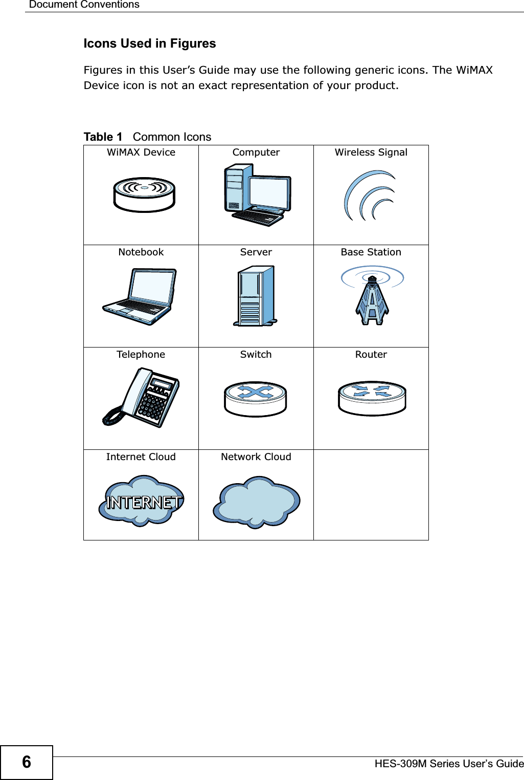 Document ConventionsHES-309M Series User’s Guide6Icons Used in FiguresFigures in this User’s Guide may use the following generic icons. The WiMAX Device icon is not an exact representation of your product.Table 1   Common IconsWiMAX Device  Computer Wireless SignalNotebook Server Base StationTelephone Switch RouterInternet Cloud Network Cloud