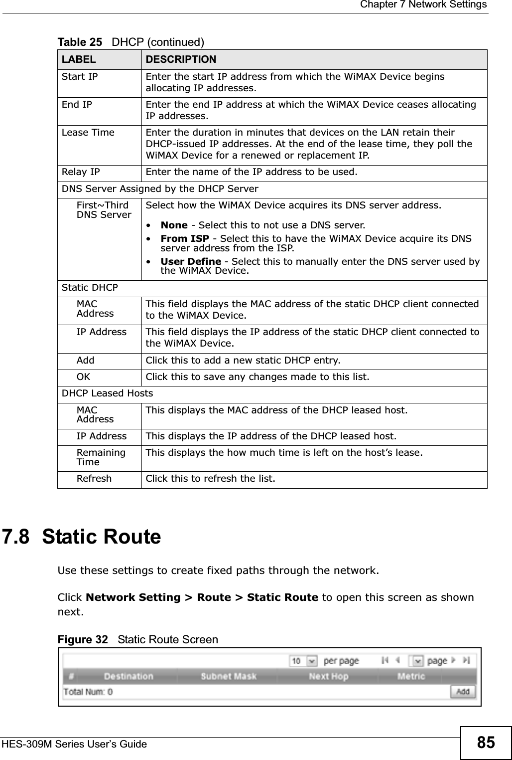  Chapter 7 Network SettingsHES-309M Series User’s Guide 857.8  Static RouteUse these settings to create fixed paths through the network.Click Network Setting &gt; Route &gt; Static Route to open this screen as shown next.Figure 32   Static Route ScreenStart IP Enter the start IP address from which the WiMAX Device begins allocating IP addresses.End IP Enter the end IP address at which the WiMAX Device ceases allocating IP addresses.Lease Time Enter the duration in minutes that devices on the LAN retain their DHCP-issued IP addresses. At the end of the lease time, they poll the WiMAX Device for a renewed or replacement IP.Relay IP Enter the name of the IP address to be used.DNS Server Assigned by the DHCP ServerFirst~Third DNS Server Select how the WiMAX Device acquires its DNS server address.•None - Select this to not use a DNS server.•From ISP - Select this to have the WiMAX Device acquire its DNS server address from the ISP.•User Define - Select this to manually enter the DNS server used by the WiMAX Device.Static DHCPMACAddress This field displays the MAC address of the static DHCP client connected to the WiMAX Device.IP Address This field displays the IP address of the static DHCP client connected to the WiMAX Device.Add Click this to add a new static DHCP entry.OK Click this to save any changes made to this list.DHCP Leased HostsMACAddress This displays the MAC address of the DHCP leased host.IP Address This displays the IP address of the DHCP leased host.Remaining Time This displays the how much time is left on the host’s lease.Refresh Click this to refresh the list.Table 25   DHCP (continued)LABEL DESCRIPTION