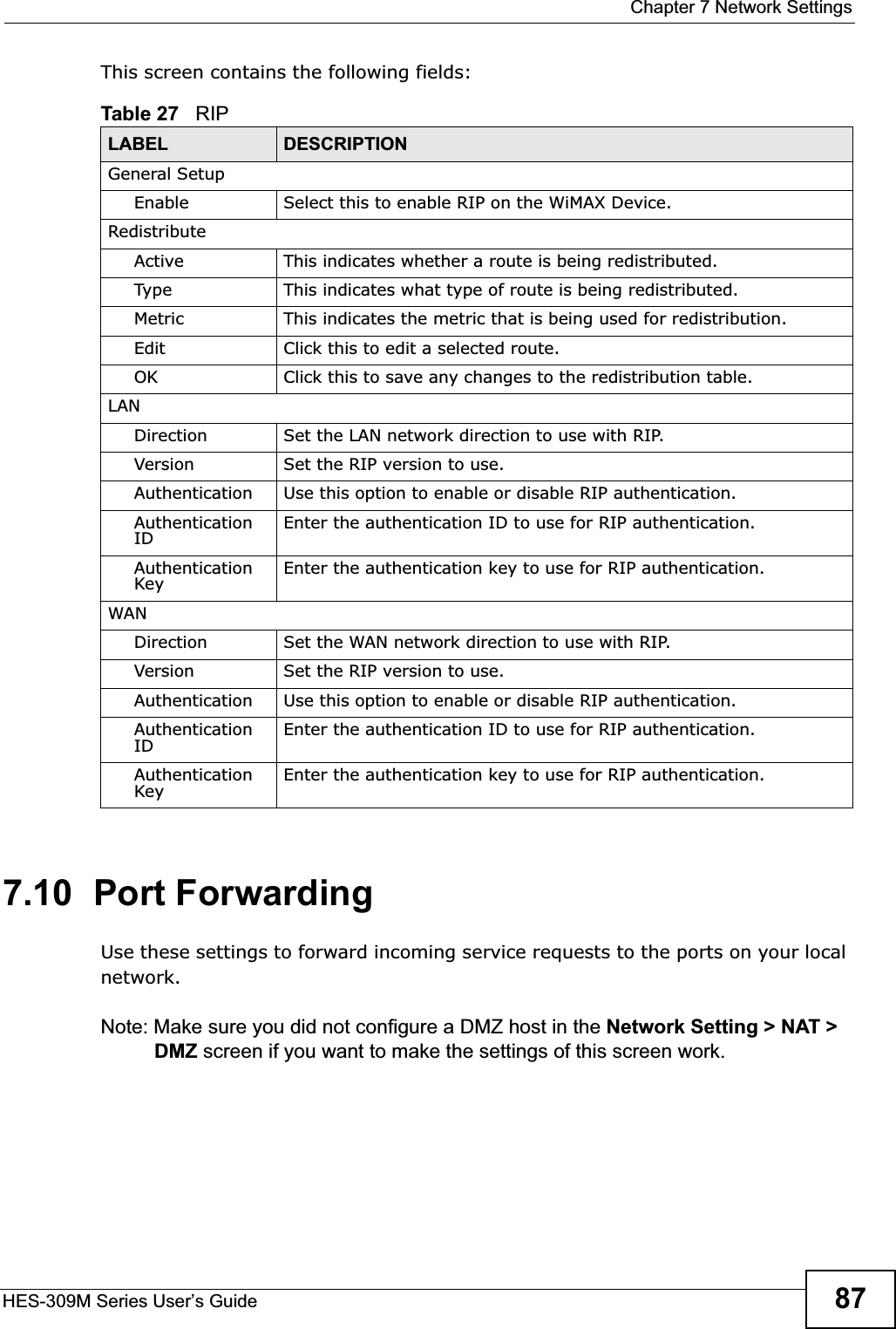  Chapter 7 Network SettingsHES-309M Series User’s Guide 87This screen contains the following fields:7.10  Port ForwardingUse these settings to forward incoming service requests to the ports on your local network.Note: Make sure you did not configure a DMZ host in the Network Setting &gt; NAT &gt; DMZ screen if you want to make the settings of this screen work.Table 27   RIPLABEL DESCRIPTIONGeneral SetupEnable Select this to enable RIP on the WiMAX Device.RedistributeActive This indicates whether a route is being redistributed.Type This indicates what type of route is being redistributed.Metric This indicates the metric that is being used for redistribution.Edit Click this to edit a selected route.OK Click this to save any changes to the redistribution table.LANDirection Set the LAN network direction to use with RIP.Version Set the RIP version to use.Authentication Use this option to enable or disable RIP authentication.Authentication ID Enter the authentication ID to use for RIP authentication.Authentication Key Enter the authentication key to use for RIP authentication.WANDirection Set the WAN network direction to use with RIP.Version Set the RIP version to use.Authentication Use this option to enable or disable RIP authentication.Authentication ID Enter the authentication ID to use for RIP authentication.Authentication Key Enter the authentication key to use for RIP authentication.