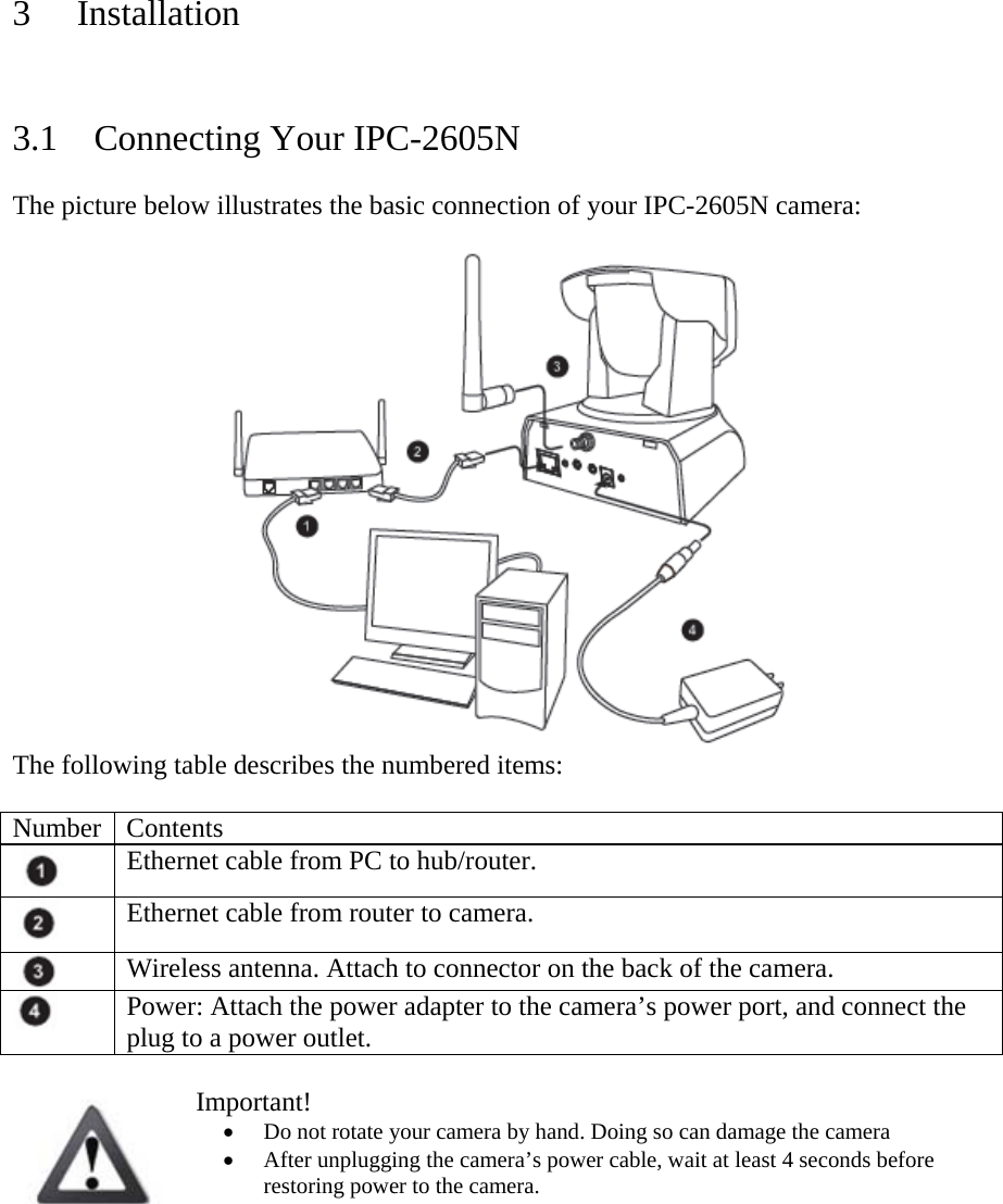 3 Installation   3.1 Connecting Your IPC-2605N  The picture below illustrates the basic connection of your IPC-2605N camera:   The following table describes the numbered items:   Number Contents     Ethernet cable from PC to hub/router.   Ethernet cable from router to camera.     Wireless antenna. Attach to connector on the back of the camera.    Power: Attach the power adapter to the camera’s power port, and connect the plug to a power outlet.     Important!  Do not rotate your camera by hand. Doing so can damage the camera  After unplugging the camera’s power cable, wait at least 4 seconds before restoring power to the camera.   