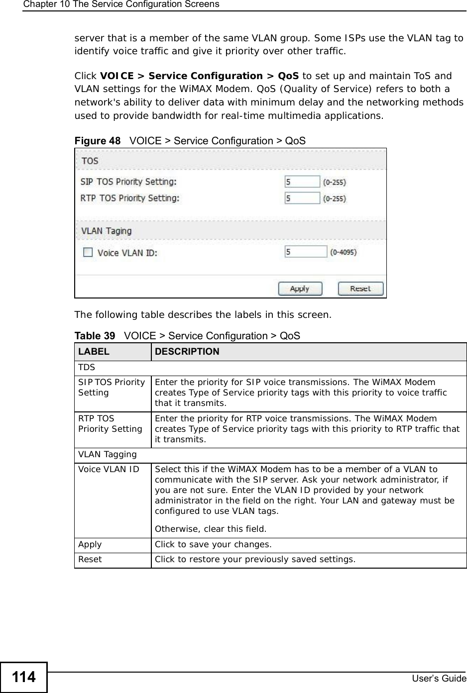 Chapter 10The Service Configuration ScreensUser s Guide114server that is a member of the same VLAN group. Some ISPs use the VLAN tag to identify voice traffic and give it priority over other traffic.Click VOICE &gt; Service Configuration &gt; QoS to set up and maintain ToS and VLAN settings for the WiMAX Modem. QoS (Quality of Service) refers to both a network&apos;s ability to deliver data with minimum delay and the networking methods used to provide bandwidth for real-time multimedia applications.Figure 48   VOICE &gt; Service Configuration &gt; QoSThe following table describes the labels in this screen.Table 39   VOICE &gt; Service Configuration &gt; QoSLABEL DESCRIPTIONTDSSIP TOS Priority Setting Enter the priority for SIP voice transmissions. The WiMAX Modem creates Type of Service priority tags with this priority to voice traffic that it transmits.RTP TOS Priority Setting Enter the priority for RTP voice transmissions. The WiMAX Modem creates Type of Service priority tags with this priority to RTP traffic that it transmits.VLAN TaggingVoice VLAN IDSelect this if the WiMAX Modem has to be a member of a VLAN to communicate with the SIP server. Ask your network administrator, if you are not sure. Enter the VLAN ID provided by your network administrator in the field on the right. Your LAN and gateway must be configured to use VLAN tags.Otherwise, clear this field.Apply Click to save your changes.Reset Click to restore your previously saved settings.