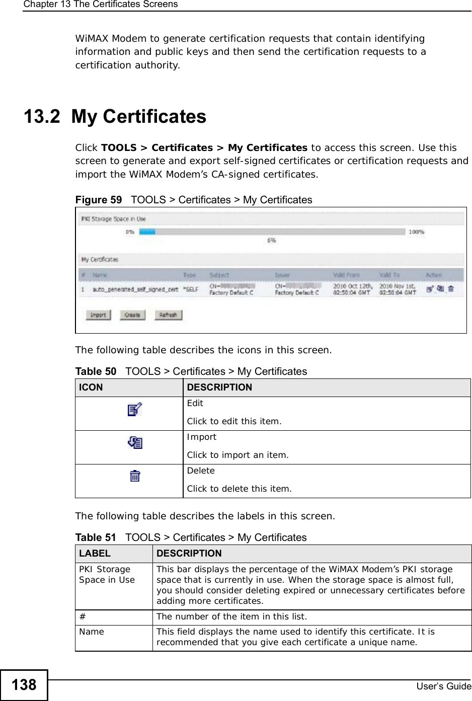 Chapter 13The Certificates ScreensUser s Guide138WiMAX Modem to generate certification requests that contain identifying information and public keys and then send the certification requests to a certification authority. 13.2  My CertificatesClick TOOLS &gt; Certificates &gt; My Certificates to access this screen. Use this screen to generate and export self-signed certificates or certification requests and import the WiMAX Modem’s CA-signed certificates.Figure 59   TOOLS &gt; Certificates &gt; My Certificates      The following table describes the icons in this screen.The following table describes the labels in this screen. Table 50   TOOLS &gt; Certificates &gt; My CertificatesICON DESCRIPTIONEditClick to edit this item.ImportClick to import an item.DeleteClick to delete this item.Table 51   TOOLS &gt; Certificates &gt; My CertificatesLABEL DESCRIPTIONPKI Storage Space in Use This bar displays the percentage of the WiMAX Modem’s PKI storage space that is currently in use. When the storage space is almost full, you should consider deleting expired or unnecessary certificates before adding more certificates.#The number of the item in this list.NameThis field displays the name used to identify this certificate. It is recommended that you give each certificate a unique name. 