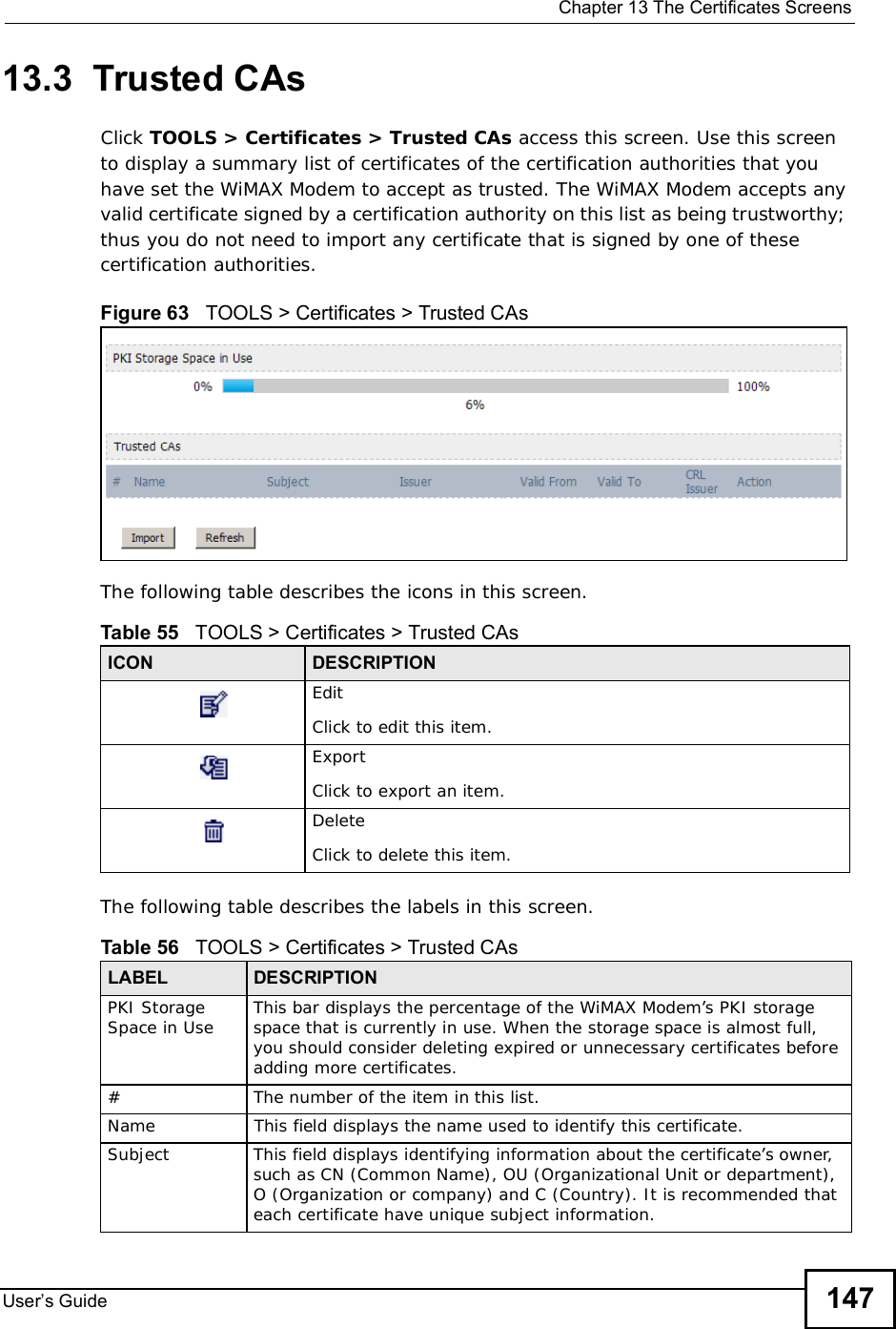  Chapter 13The Certificates ScreensUser s Guide 14713.3  Trusted CAsClick TOOLS &gt; Certificates &gt;Trusted CAs access this screen. Use this screen to display a summary list of certificates of the certification authorities that you have set the WiMAX Modem to accept as trusted. The WiMAX Modem accepts any valid certificate signed by a certification authority on this list as being trustworthy; thus you do not need to import any certificate that is signed by one of these certification authorities. Figure 63   TOOLS &gt; Certificates &gt; Trusted CAsThe following table describes the icons in this screen.The following table describes the labels in this screen. Table 55   TOOLS &gt; Certificates &gt; Trusted CAsICON DESCRIPTIONEditClick to edit this item.ExportClick to export an item.DeleteClick to delete this item.Table 56   TOOLS &gt; Certificates &gt; Trusted CAsLABEL DESCRIPTIONPKI Storage Space in Use This bar displays the percentage of the WiMAX Modem’s PKI storage space that is currently in use. When the storage space is almost full, you should consider deleting expired or unnecessary certificates before adding more certificates.#The number of the item in this list.NameThis field displays the name used to identify this certificate. SubjectThis field displays identifying information about the certificate’s owner, such as CN (Common Name), OU (Organizational Unit or department), O (Organization or company) and C (Country). It is recommended that each certificate have unique subject information.
