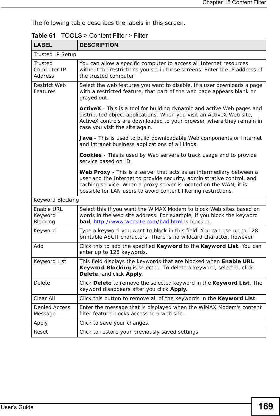  Chapter 15Content FilterUser s Guide 169The following table describes the labels in this screen.  Table 61   TOOLS &gt; Content Filter &gt; FilterLABEL DESCRIPTIONTrusted IP SetupTrusted Computer IP AddressYou can allow a specific computer to access all Internet resources without the restrictions you set in these screens. Enter the IP address of the trusted computer.Restrict Web Features Select the web features you want to disable. If a user downloads a page with a restricted feature, that part of the web page appears blank or grayed out.ActiveX - This is a tool for building dynamic and active Web pages and distributed object applications. When you visit an ActiveX Web site, ActiveX controls are downloaded to your browser, where they remain in case you visit the site again.Java - This is used to build downloadable Web components or Internet and intranet business applications of all kinds.Cookies - This is used by Web servers to track usage and to provide service based on ID.Web Proxy - This is a server that acts as an intermediary between a user and the Internet to provide security, administrative control, and caching service. When a proxy server is located on the WAN, it is possible for LAN users to avoid content filtering restrictions.Keyword BlockingEnable URL Keyword BlockingSelect this if you want the WiMAX Modem to block Web sites based on words in the web site address. For example, if you block the keyword bad,http://www.website.com/bad.html is blocked.Keyword Type a keyword you want to block in this field. You can use up to 128 printable ASCII characters. There is no wildcard character, however.Add Click this to add the specified Keyword to the Keyword List. You can enter up to 128 keywords.Keyword List This field displays the keywords that are blocked when Enable URL Keyword Blocking is selected. To delete a keyword, select it, click Delete, and click Apply.Delete Click Delete to remove the selected keyword in the Keyword List. The keyword disappears after you click Apply.Clear All Click this button to remove all of the keywords in the Keyword List.Denied Access Message Enter the message that is displayed when the WiMAX Modem’s content filter feature blocks access to a web site.Apply Click to save your changes.Reset Click to restore your previously saved settings.
