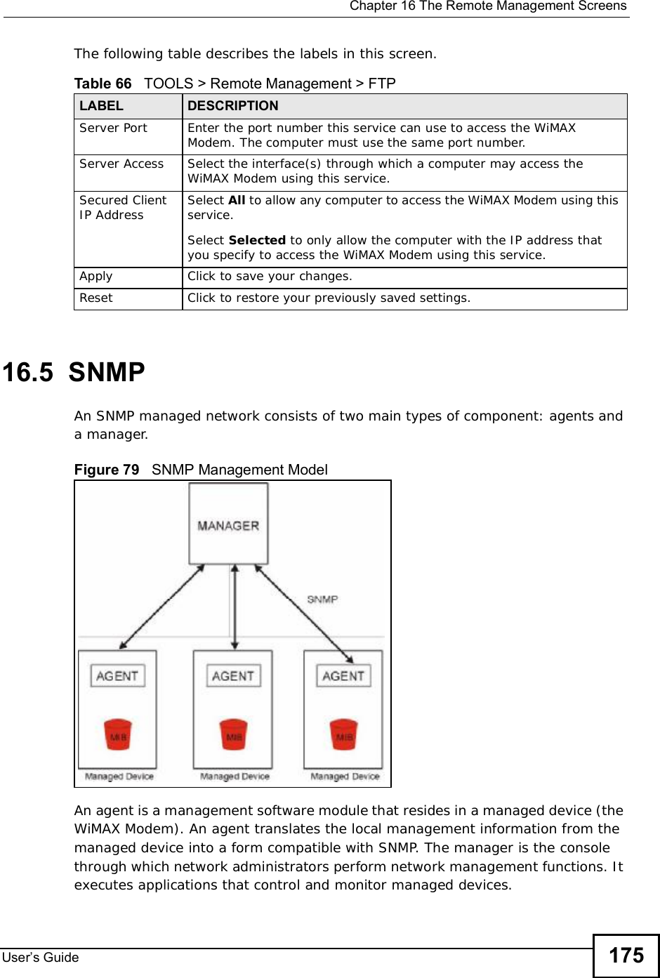  Chapter 16The Remote Management ScreensUser s Guide 175The following table describes the labels in this screen.16.5  SNMPAn SNMP managed network consists of two main types of component: agents and a manager.Figure 79   SNMP Management ModelAn agent is a management software module that resides in a managed device (the WiMAX Modem). An agent translates the local management information from the managed device into a form compatible with SNMP. The manager is the console through which network administrators perform network management functions. It executes applications that control and monitor managed devices. Table 66   TOOLS &gt; Remote Management &gt; FTPLABEL DESCRIPTIONServer Port Enter the port number this service can use to access the WiMAX Modem. The computer must use the same port number.Server Access Select the interface(s) through which a computer may access the WiMAX Modem using this service.Secured Client IP Address Select All to allow any computer to access the WiMAX Modem using this service.Select Selected to only allow the computer with the IP address that you specify to access the WiMAX Modem using this service.Apply Click to save your changes.Reset Click to restore your previously saved settings.