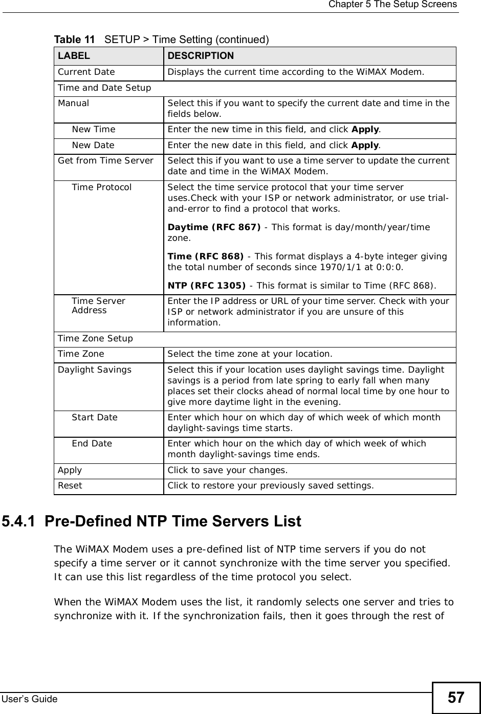  Chapter 5The Setup ScreensUser s Guide 575.4.1  Pre-Defined NTP Time Servers ListThe WiMAX Modem uses a pre-defined list of NTP time servers if you do not specify a time server or it cannot synchronize with the time server you specified. It can use this list regardless of the time protocol you select.When the WiMAX Modem uses the list, it randomly selects one server and tries to synchronize with it. If the synchronization fails, then it goes through the rest of Current DateDisplays the current time according to the WiMAX Modem.Time and Date SetupManual Select this if you want to specify the current date and time in the fields below.New Time Enter the new time in this field, and click Apply.New Date Enter the new date in this field, and click Apply.Get from Time Server Select this if you want to use a time server to update the current date and time in the WiMAX Modem.Time ProtocolSelect the time service protocol that your time server uses.Check with your ISP or network administrator, or use trial-and-error to find a protocol that works.Daytime (RFC 867) - This format is day/month/year/time zone.Time (RFC 868) - This format displays a 4-byte integer giving the total number of seconds since 1970/1/1 at 0:0:0.NTP (RFC 1305) - This format is similar to Time (RFC 868).Time Server Address Enter the IP address or URL of your time server. Check with your ISP or network administrator if you are unsure of this information.Time Zone SetupTime ZoneSelect the time zone at your location.Daylight SavingsSelect this if your location uses daylight savings time. Daylight savings is a period from late spring to early fall when many places set their clocks ahead of normal local time by one hour to give more daytime light in the evening.Start DateEnter which hour on which day of which week of which month daylight-savings time starts.End DateEnter which hour on the which day of which week of which month daylight-savings time ends.Apply Click to save your changes.Reset Click to restore your previously saved settings.Table 11   SETUP &gt; Time Setting (continued)LABEL DESCRIPTION