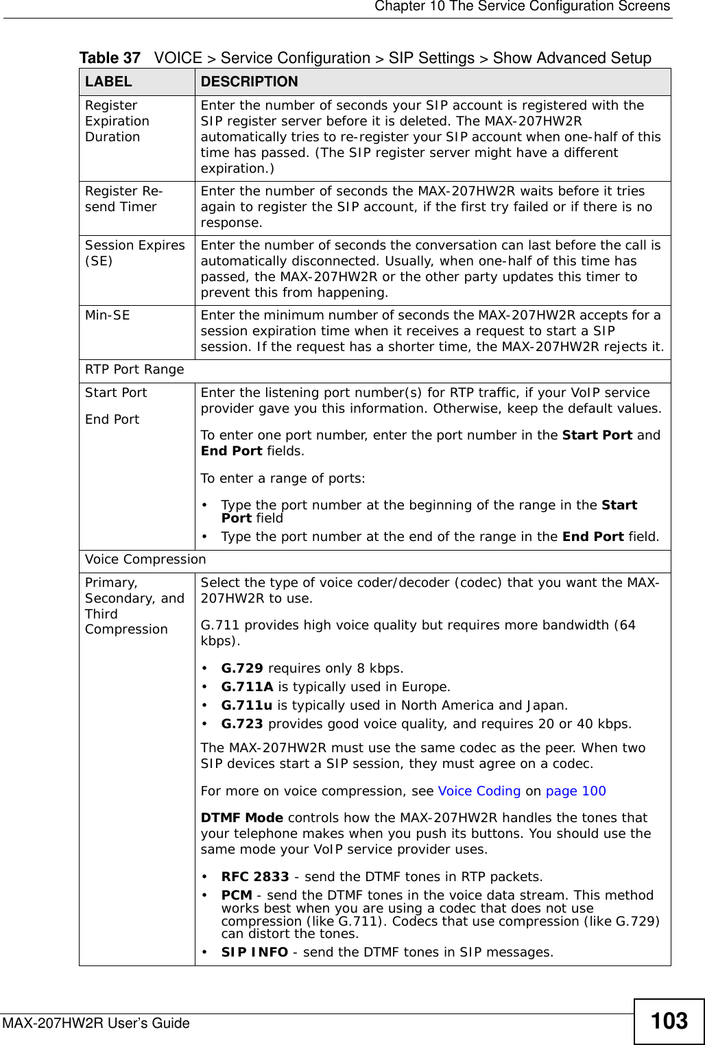  Chapter 10 The Service Configuration ScreensMAX-207HW2R User’s Guide 103Register Expiration DurationEnter the number of seconds your SIP account is registered with the SIP register server before it is deleted. The MAX-207HW2R automatically tries to re-register your SIP account when one-half of this time has passed. (The SIP register server might have a different expiration.)Register Re-send Timer Enter the number of seconds the MAX-207HW2R waits before it tries again to register the SIP account, if the first try failed or if there is no response.Session Expires (SE) Enter the number of seconds the conversation can last before the call is automatically disconnected. Usually, when one-half of this time has passed, the MAX-207HW2R or the other party updates this timer to prevent this from happening.Min-SE Enter the minimum number of seconds the MAX-207HW2R accepts for a session expiration time when it receives a request to start a SIP session. If the request has a shorter time, the MAX-207HW2R rejects it.RTP Port RangeStart PortEnd PortEnter the listening port number(s) for RTP traffic, if your VoIP service provider gave you this information. Otherwise, keep the default values.To enter one port number, enter the port number in the Start Port and End Port fields.To enter a range of ports:• Type the port number at the beginning of the range in the Start Port field• Type the port number at the end of the range in the End Port field.Voice CompressionPrimary, Secondary, and Third CompressionSelect the type of voice coder/decoder (codec) that you want the MAX-207HW2R to use. G.711 provides high voice quality but requires more bandwidth (64 kbps).•G.729 requires only 8 kbps.•G.711A is typically used in Europe.•G.711u is typically used in North America and Japan.•G.723 provides good voice quality, and requires 20 or 40 kbps.The MAX-207HW2R must use the same codec as the peer. When two SIP devices start a SIP session, they must agree on a codec.For more on voice compression, see Voice Coding on page 100DTMF Mode controls how the MAX-207HW2R handles the tones that your telephone makes when you push its buttons. You should use the same mode your VoIP service provider uses.•RFC 2833 - send the DTMF tones in RTP packets.•PCM - send the DTMF tones in the voice data stream. This method works best when you are using a codec that does not use compression (like G.711). Codecs that use compression (like G.729) can distort the tones.•SIP INFO - send the DTMF tones in SIP messages.Table 37   VOICE &gt; Service Configuration &gt; SIP Settings &gt; Show Advanced Setup LABEL DESCRIPTION