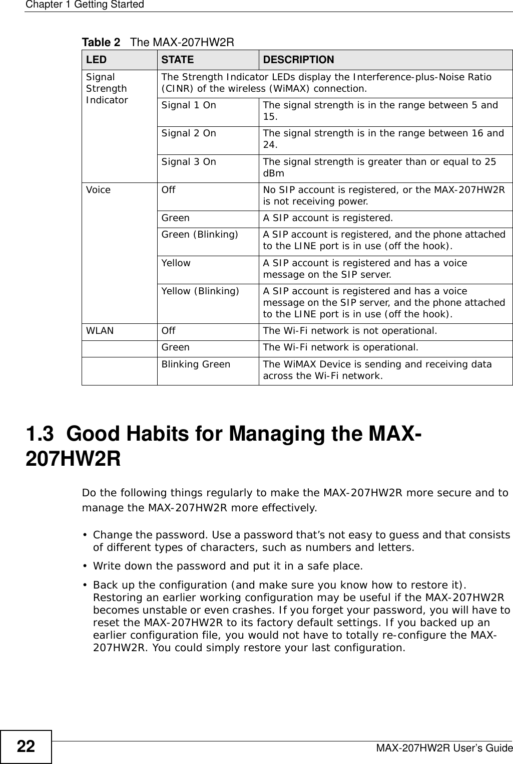 Chapter 1 Getting StartedMAX-207HW2R User’s Guide221.3  Good Habits for Managing the MAX-207HW2RDo the following things regularly to make the MAX-207HW2R more secure and to manage the MAX-207HW2R more effectively.• Change the password. Use a password that’s not easy to guess and that consists of different types of characters, such as numbers and letters.• Write down the password and put it in a safe place.• Back up the configuration (and make sure you know how to restore it). Restoring an earlier working configuration may be useful if the MAX-207HW2R becomes unstable or even crashes. If you forget your password, you will have to reset the MAX-207HW2R to its factory default settings. If you backed up an earlier configuration file, you would not have to totally re-configure the MAX-207HW2R. You could simply restore your last configuration.Signal Strength IndicatorThe Strength Indicator LEDs display the Interference-plus-Noise Ratio (CINR) of the wireless (WiMAX) connection.Signal 1 On The signal strength is in the range between 5 and 15.Signal 2 On The signal strength is in the range between 16 and 24.Signal 3 On The signal strength is greater than or equal to 25 dBmVoice Off No SIP account is registered, or the MAX-207HW2R is not receiving power.Green A SIP account is registered.Green (Blinking) A SIP account is registered, and the phone attached to the LINE port is in use (off the hook).Yellow A SIP account is registered and has a voice message on the SIP server.Yellow (Blinking) A SIP account is registered and has a voice message on the SIP server, and the phone attached to the LINE port is in use (off the hook).WLAN Off The Wi-Fi network is not operational.Green The Wi-Fi network is operational.Blinking Green The WiMAX Device is sending and receiving data across the Wi-Fi network.Table 2   The MAX-207HW2RLED STATE DESCRIPTION