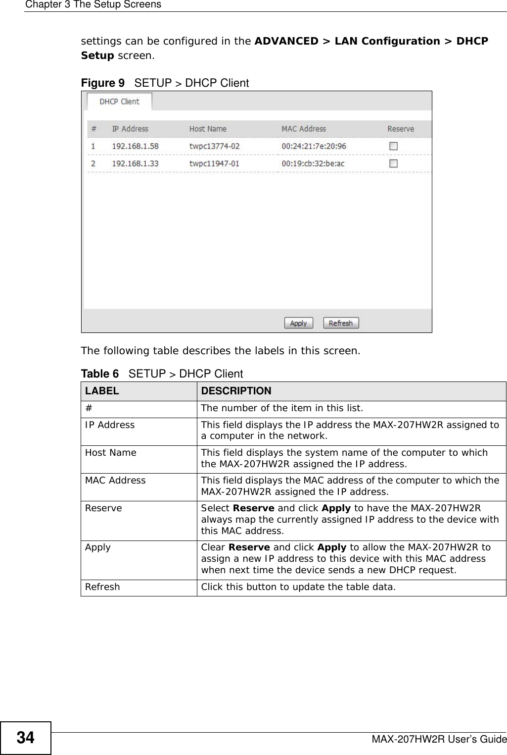 Chapter 3 The Setup ScreensMAX-207HW2R User’s Guide34settings can be configured in the ADVANCED &gt; LAN Configuration &gt; DHCP Setup screen.Figure 9   SETUP &gt; DHCP ClientThe following table describes the labels in this screen. Table 6   SETUP &gt; DHCP ClientLABEL DESCRIPTION# The number of the item in this list.IP Address This field displays the IP address the MAX-207HW2R assigned to a computer in the network.Host Name This field displays the system name of the computer to which the MAX-207HW2R assigned the IP address.MAC Address This field displays the MAC address of the computer to which the MAX-207HW2R assigned the IP address.Reserve Select Reserve and click Apply to have the MAX-207HW2R always map the currently assigned IP address to the device with this MAC address.Apply Clear Reserve and click Apply to allow the MAX-207HW2R to assign a new IP address to this device with this MAC address when next time the device sends a new DHCP request.Refresh Click this button to update the table data.
