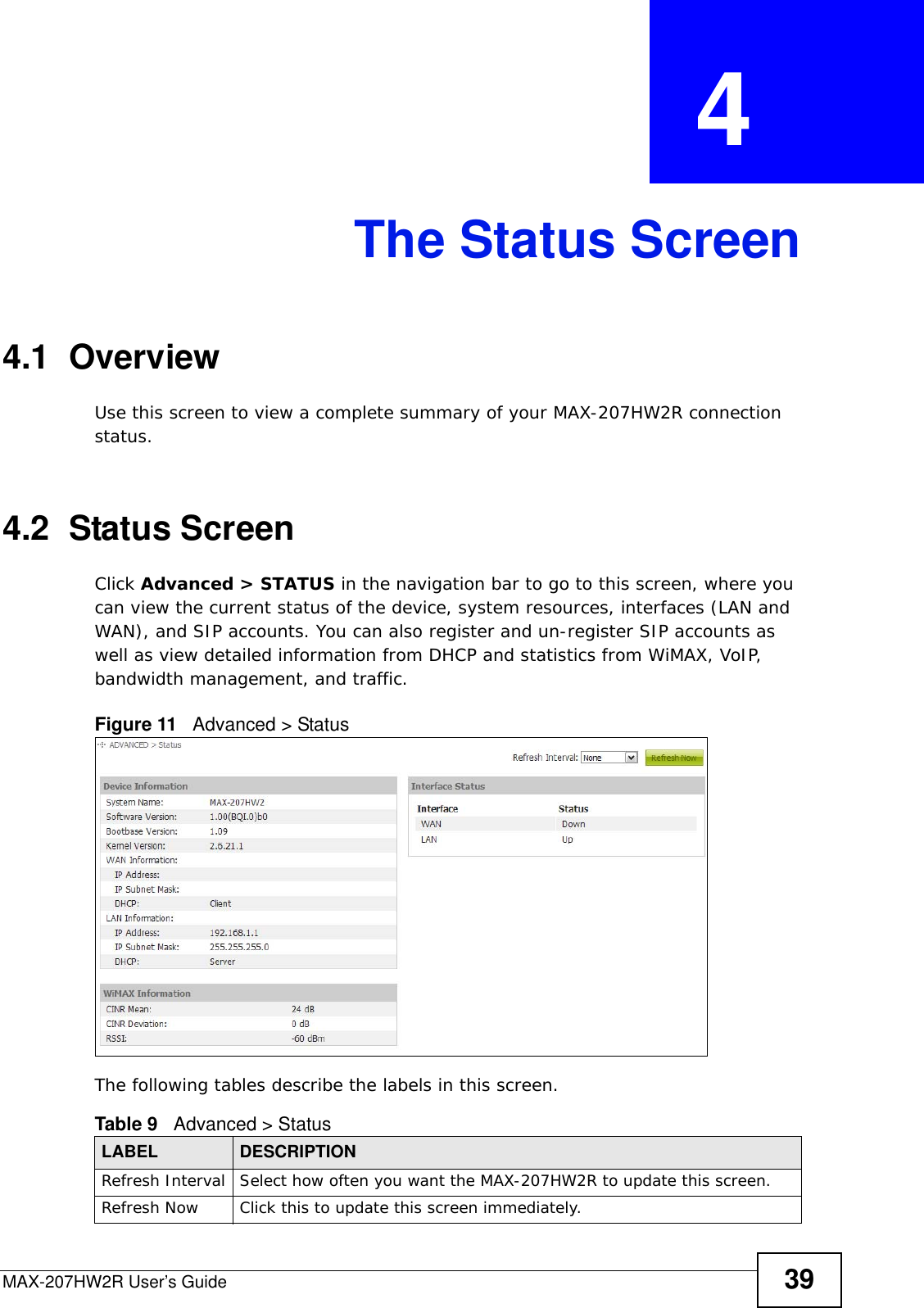 MAX-207HW2R User’s Guide 39CHAPTER  4 The Status Screen4.1  OverviewUse this screen to view a complete summary of your MAX-207HW2R connection status.4.2  Status ScreenClick Advanced &gt; STATUS in the navigation bar to go to this screen, where you can view the current status of the device, system resources, interfaces (LAN and WAN), and SIP accounts. You can also register and un-register SIP accounts as well as view detailed information from DHCP and statistics from WiMAX, VoIP, bandwidth management, and traffic.Figure 11   Advanced &gt; StatusThe following tables describe the labels in this screen.    Table 9   Advanced &gt; StatusLABEL DESCRIPTIONRefresh Interval Select how often you want the MAX-207HW2R to update this screen.Refresh Now Click this to update this screen immediately.
