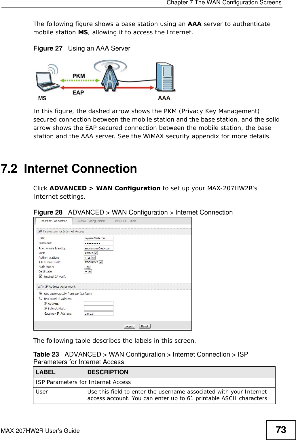  Chapter 7 The WAN Configuration ScreensMAX-207HW2R User’s Guide 73The following figure shows a base station using an AAA server to authenticate mobile station MS, allowing it to access the Internet.Figure 27   Using an AAA ServerIn this figure, the dashed arrow shows the PKM (Privacy Key Management) secured connection between the mobile station and the base station, and the solid arrow shows the EAP secured connection between the mobile station, the base station and the AAA server. See the WiMAX security appendix for more details.7.2  Internet ConnectionClick ADVANCED &gt; WAN Configuration to set up your MAX-207HW2R’s Internet settings.Figure 28   ADVANCED &gt; WAN Configuration &gt; Internet ConnectionThe following table describes the labels in this screen.  Table 23   ADVANCED &gt; WAN Configuration &gt; Internet Connection &gt; ISP Parameters for Internet AccessLABEL DESCRIPTIONISP Parameters for Internet AccessUser Use this field to enter the username associated with your Internet access account. You can enter up to 61 printable ASCII characters.