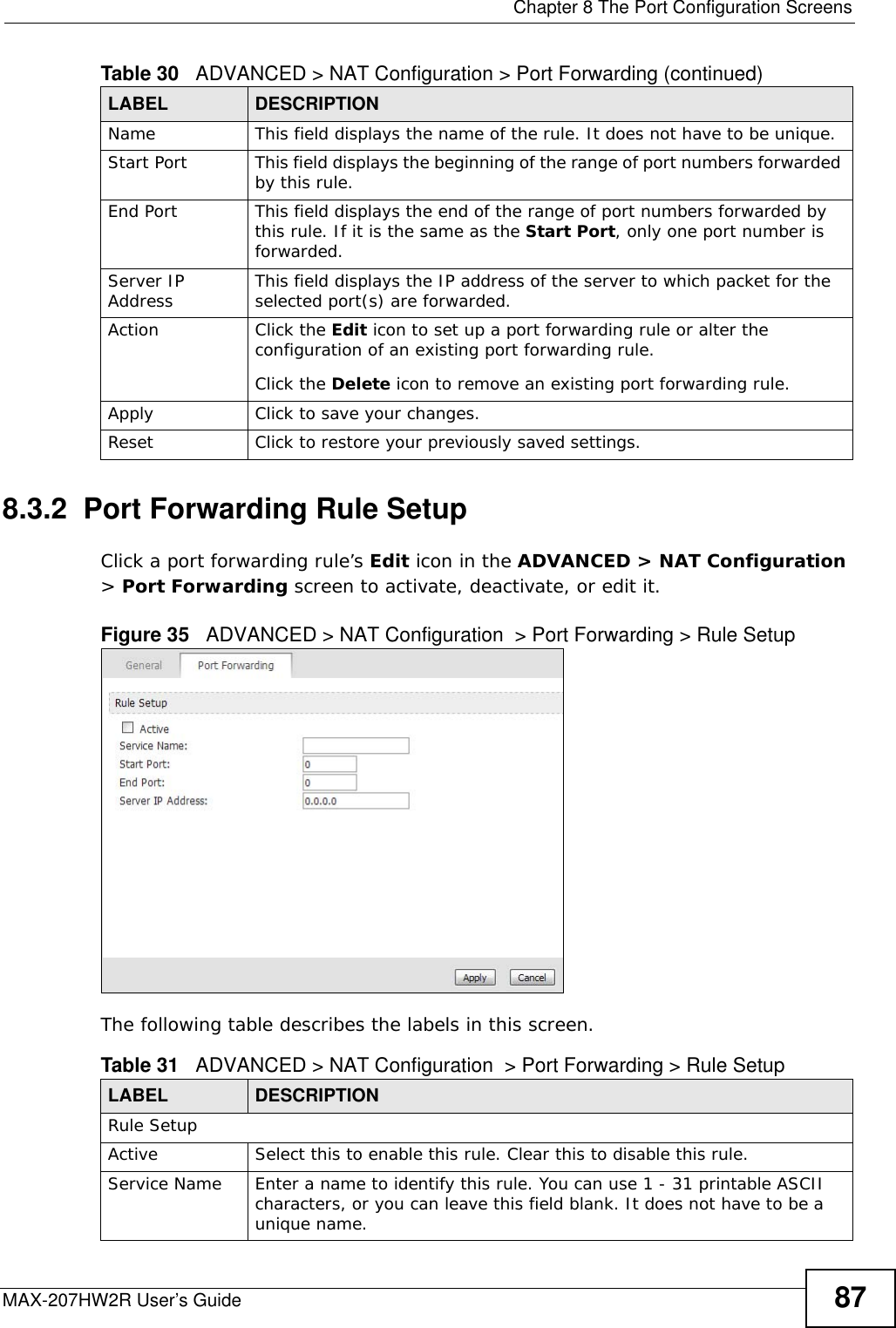  Chapter 8 The Port Configuration ScreensMAX-207HW2R User’s Guide 878.3.2  Port Forwarding Rule SetupClick a port forwarding rule’s Edit icon in the ADVANCED &gt; NAT Configuration &gt; Port Forwarding screen to activate, deactivate, or edit it.Figure 35   ADVANCED &gt; NAT Configuration  &gt; Port Forwarding &gt; Rule SetupThe following table describes the labels in this screen.Name This field displays the name of the rule. It does not have to be unique.Start Port This field displays the beginning of the range of port numbers forwarded by this rule.End Port This field displays the end of the range of port numbers forwarded by this rule. If it is the same as the Start Port, only one port number is forwarded.Server IP Address This field displays the IP address of the server to which packet for the selected port(s) are forwarded.Action Click the Edit icon to set up a port forwarding rule or alter the configuration of an existing port forwarding rule.Click the Delete icon to remove an existing port forwarding rule. Apply Click to save your changes.Reset Click to restore your previously saved settings.Table 30   ADVANCED &gt; NAT Configuration &gt; Port Forwarding (continued)LABEL DESCRIPTIONTable 31   ADVANCED &gt; NAT Configuration  &gt; Port Forwarding &gt; Rule SetupLABEL DESCRIPTIONRule SetupActive Select this to enable this rule. Clear this to disable this rule.Service Name Enter a name to identify this rule. You can use 1 - 31 printable ASCII characters, or you can leave this field blank. It does not have to be a unique name.