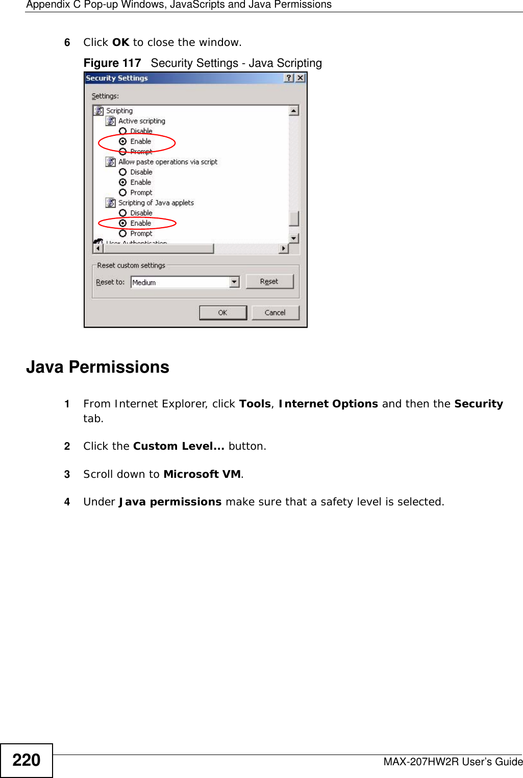 Appendix C Pop-up Windows, JavaScripts and Java PermissionsMAX-207HW2R User’s Guide2206Click OK to close the window.Figure 117   Security Settings - Java ScriptingJava Permissions1From Internet Explorer, click Tools, Internet Options and then the Security tab. 2Click the Custom Level... button. 3Scroll down to Microsoft VM. 4Under Java permissions make sure that a safety level is selected.