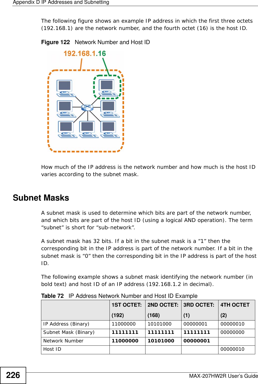 Appendix D IP Addresses and SubnettingMAX-207HW2R User’s Guide226The following figure shows an example IP address in which the first three octets (192.168.1) are the network number, and the fourth octet (16) is the host ID.Figure 122   Network Number and Host IDHow much of the IP address is the network number and how much is the host ID varies according to the subnet mask.  Subnet MasksA subnet mask is used to determine which bits are part of the network number, and which bits are part of the host ID (using a logical AND operation). The term “subnet” is short for “sub-network”.A subnet mask has 32 bits. If a bit in the subnet mask is a “1” then the corresponding bit in the IP address is part of the network number. If a bit in the subnet mask is “0” then the corresponding bit in the IP address is part of the host ID. The following example shows a subnet mask identifying the network number (in bold text) and host ID of an IP address (192.168.1.2 in decimal).Table 72   IP Address Network Number and Host ID Example1ST OCTET:(192)2ND OCTET:(168)3RD OCTET:(1)4TH OCTET(2)IP Address (Binary) 11000000 10101000 00000001 00000010Subnet Mask (Binary) 11111111 11111111 11111111 00000000Network Number 11000000 10101000 00000001Host ID 00000010