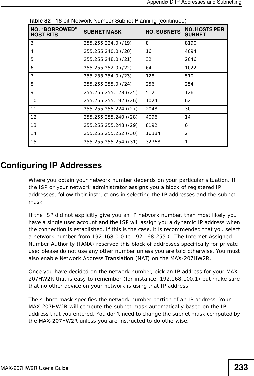  Appendix D IP Addresses and SubnettingMAX-207HW2R User’s Guide 233Configuring IP AddressesWhere you obtain your network number depends on your particular situation. If the ISP or your network administrator assigns you a block of registered IP addresses, follow their instructions in selecting the IP addresses and the subnet mask.If the ISP did not explicitly give you an IP network number, then most likely you have a single user account and the ISP will assign you a dynamic IP address when the connection is established. If this is the case, it is recommended that you select a network number from 192.168.0.0 to 192.168.255.0. The Internet Assigned Number Authority (IANA) reserved this block of addresses specifically for private use; please do not use any other number unless you are told otherwise. You must also enable Network Address Translation (NAT) on the MAX-207HW2R. Once you have decided on the network number, pick an IP address for your MAX-207HW2R that is easy to remember (for instance, 192.168.100.1) but make sure that no other device on your network is using that IP address.The subnet mask specifies the network number portion of an IP address. Your MAX-207HW2R will compute the subnet mask automatically based on the IP address that you entered. You don&apos;t need to change the subnet mask computed by the MAX-207HW2R unless you are instructed to do otherwise.3255.255.224.0 (/19) 881904255.255.240.0 (/20) 16 40945255.255.248.0 (/21) 32 20466255.255.252.0 (/22) 64 10227255.255.254.0 (/23) 128 5108255.255.255.0 (/24) 256 2549255.255.255.128 (/25) 512 12610 255.255.255.192 (/26) 1024 6211 255.255.255.224 (/27) 2048 3012 255.255.255.240 (/28) 4096 1413 255.255.255.248 (/29) 8192 614 255.255.255.252 (/30) 16384 215 255.255.255.254 (/31) 32768 1Table 82   16-bit Network Number Subnet Planning (continued)NO. “BORROWED” HOST BITS SUBNET MASK NO. SUBNETS NO. HOSTS PER SUBNET