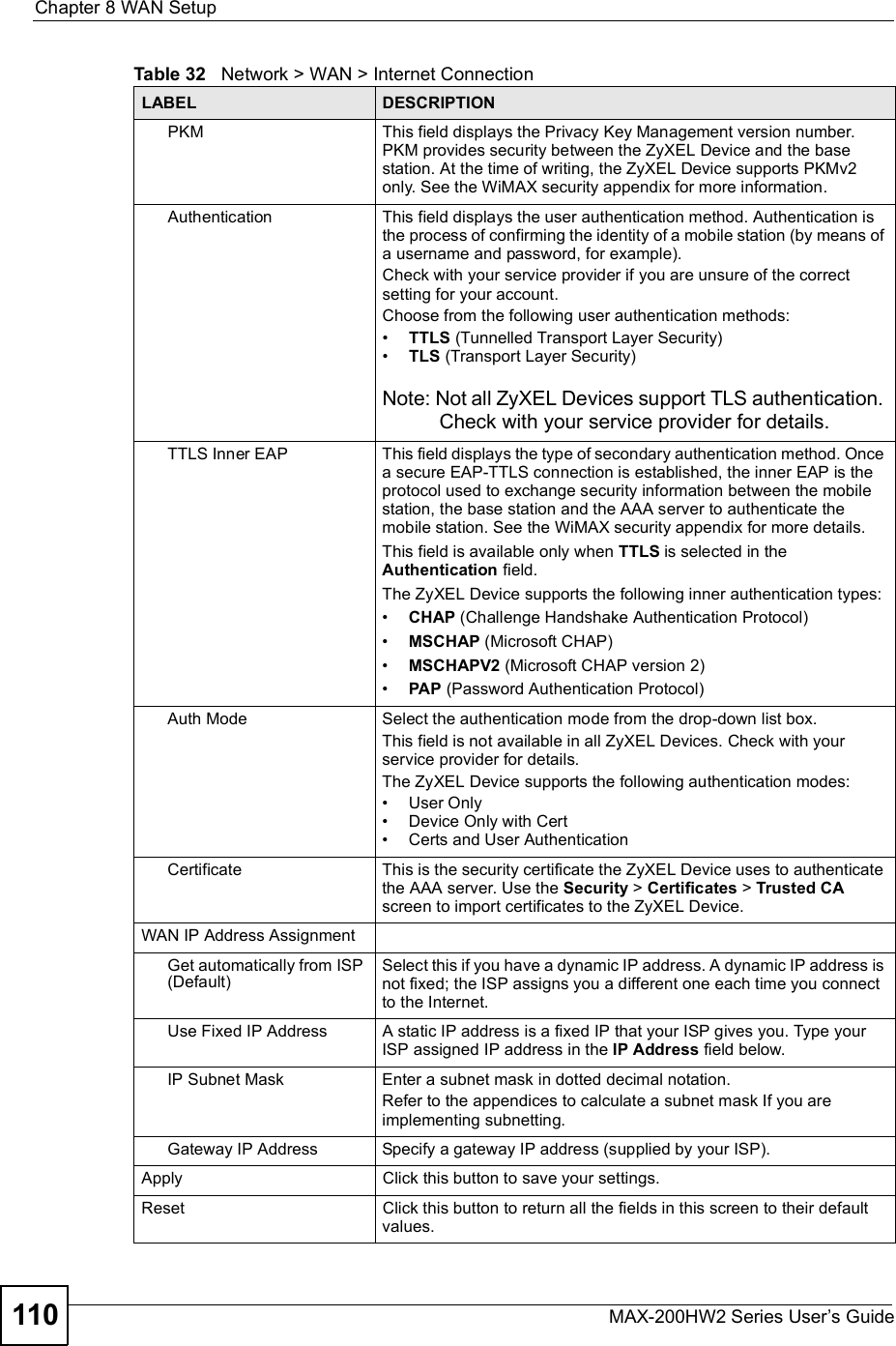 Chapter 8WAN SetupMAX-200HW2 Series User s Guide110PKMThis field displays the Privacy Key Management version number. PKM provides security between the ZyXEL Device and the base station. At the time of writing, the ZyXEL Device supports PKMv2 only. See the WiMAX security appendix for more information.AuthenticationThis field displays the user authentication method. Authentication is the process of confirming the identity of a mobile station (by means of a username and password, for example).Check with your service provider if you are unsure of the correct setting for your account. Choose from the following user authentication methods:#TTLS (Tunnelled Transport Layer Security)#TLS (Transport Layer Security)Note: Not all ZyXEL Devices support TLS authentication. Check with your service provider for details.TTLS Inner EAPThis field displays the type of secondary authentication method. Once a secure EAP-TTLS connection is established, the inner EAP is the protocol used to exchange security information between the mobile station, the base station and the AAA server to authenticate the mobile station. See the WiMAX security appendix for more details.This field is available only when TTLS is selected in the Authentication field.The ZyXEL Device supports the following inner authentication types:#CHAP (Challenge Handshake Authentication Protocol)#MSCHAP (Microsoft CHAP)#MSCHAPV2 (Microsoft CHAP version 2)#PAP (Password Authentication Protocol)Auth ModeSelect the authentication mode from the drop-down list box.This field is not available in all ZyXEL Devices. Check with your service provider for details.The ZyXEL Device supports the following authentication modes:#User Only#Device Only with Cert#Certs and User AuthenticationCertificateThis is the security certificate the ZyXEL Device uses to authenticate the AAA server. Use the Security &gt; Certificates &gt; Trusted CAscreen to import certificates to the ZyXEL Device.WAN IP Address AssignmentGet automatically from ISP (Default)Select this if you have a dynamic IP address. A dynamic IP address is not fixed; the ISP assigns you a different one each time you connect to the Internet. Use Fixed IP AddressA static IP address is a fixed IP that your ISP gives you. Type your ISP assigned IP address in the IP Address field below. IP Subnet MaskEnter a subnet mask in dotted decimal notation. Refer to the appendicesto calculate a subnet mask If you are implementing subnetting.Gateway IP AddressSpecify a gateway IP address (supplied by your ISP).ApplyClick this button to save your settings.ResetClick this button to return all the fields in this screen to their default values.Table 32   Network &gt; WAN &gt; Internet ConnectionLABEL DESCRIPTION