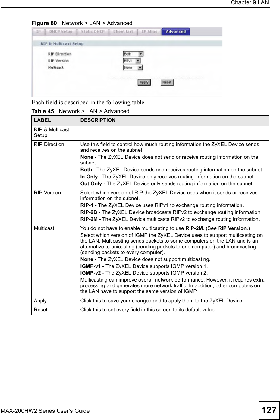  Chapter 9LANMAX-200HW2 Series User s Guide 127Figure 80   Network &gt; LAN &gt; AdvancedEach field is described in the following table.Table 45   Network &gt; LAN &gt; AdvancedLABEL DESCRIPTIONRIP &amp; Multicast SetupRIP Direction Use this field to control how much routing information the ZyXEL Device sends and receives on the subnet.None - The ZyXEL Device does not send or receive routing information on the subnet.Both - The ZyXEL Device sends and receives routing information on the subnet.In Only - The ZyXEL Device only receives routing information on the subnet.Out Only - The ZyXEL Device only sends routing information on the subnet.RIP Version Select which version of RIP the ZyXEL Device uses when it sends or receives information on the subnet.RIP-1 - The ZyXEL Device uses RIPv1 to exchange routing information.RIP-2B - The ZyXEL Device broadcasts RIPv2 to exchange routing information.RIP-2M - The ZyXEL Device multicasts RIPv2 to exchange routing information.Multicast You do not have to enable multicasting to use RIP-2M. (See RIP Version.)Select which version of IGMP the ZyXEL Device uses to support multicasting on the LAN. Multicasting sends packets to some computers on the LAN and is an alternative to unicasting (sending packets to one computer) and broadcasting (sending packets to every computer).None - The ZyXEL Device does not support multicasting.IGMP-v1 - The ZyXEL Device supports IGMP version 1.IGMP-v2 - The ZyXEL Device supports IGMP version 2.Multicasting can improve overall network performance. However, it requires extra processing and generates more network traffic. In addition, other computers on the LAN have to support the same version of IGMP.Apply Click this to save your changes and to apply them to the ZyXEL Device.Reset Click this to set every field in this screen to its default value.