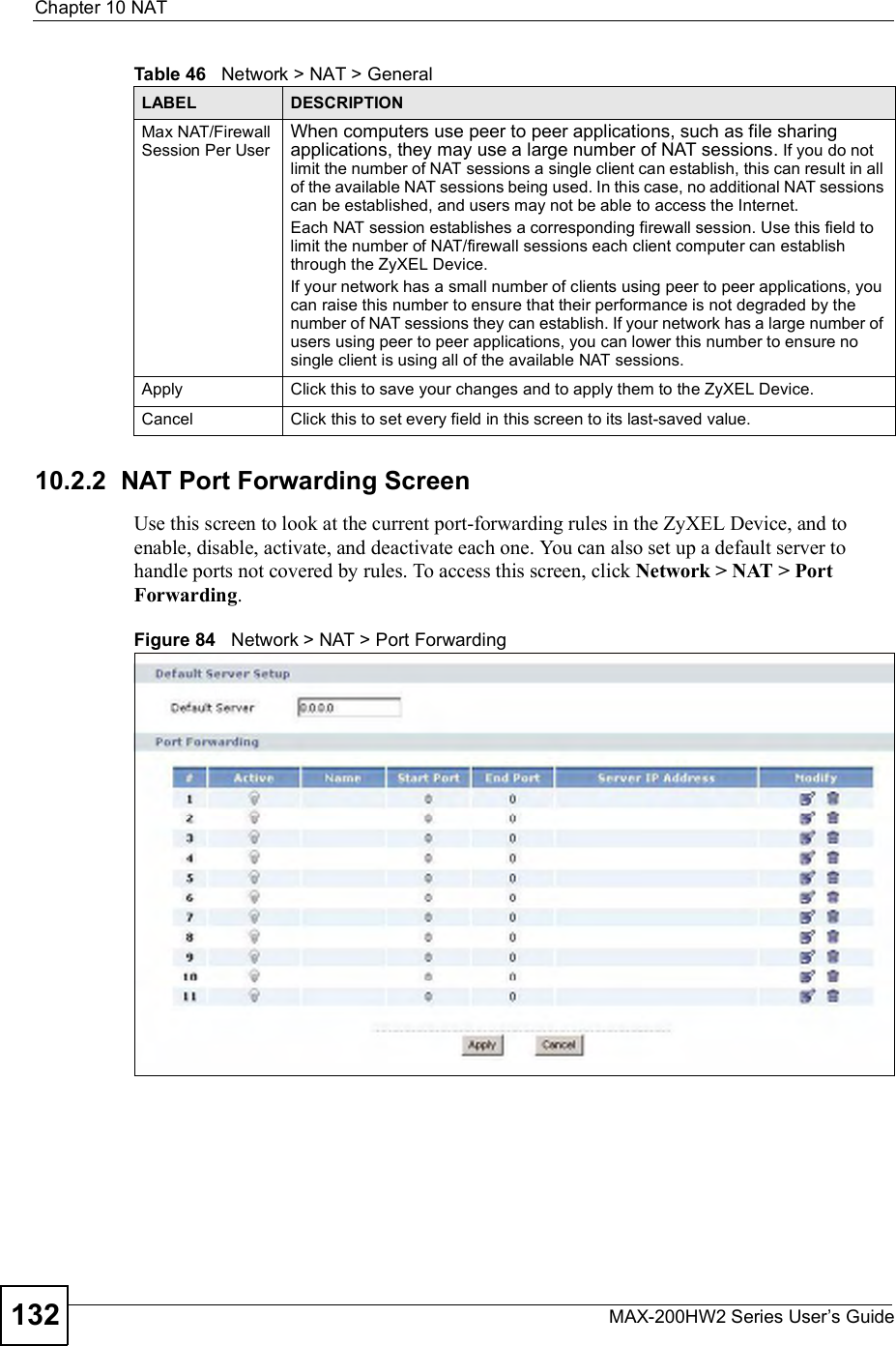 Chapter 10NATMAX-200HW2 Series User s Guide13210.2.2  NAT Port Forwarding ScreenUse this screen to look at the current port-forwarding rules in the ZyXEL Device, and to enable, disable, activate, and deactivate each one. You can also set up a default server to handle ports not covered by rules. To access this screen, click Network &gt; NAT &gt; Port Forwarding.Figure 84   Network &gt; NAT &gt; Port ForwardingMax NAT/Firewall Session Per UserWhen computers use peer to peer applications, such as file sharing applications, they may use a large number of NAT sessions. If you do not limit the number of NAT sessions a single client can establish, this can result in all of the available NAT sessions being used. In this case, no additional NAT sessions can be established, and users may not be able to access the Internet.  Each NAT session establishes a corresponding firewall session. Use this field to limit the number of NAT/firewall sessions each client computer can establish through the ZyXEL Device. If your network has a small number of clients using peer to peer applications, you can raise this number to ensure that their performance is not degraded by the number of NAT sessions they can establish. If your network has a large number of users using peer to peer applications, you can lower this number to ensure no single client is using all of the available NAT sessions.  Apply Click this to save your changes and to apply them to the ZyXEL Device.Cancel Click this to set every field in this screen to its last-saved value.Table 46   Network &gt; NAT &gt; GeneralLABEL DESCRIPTION