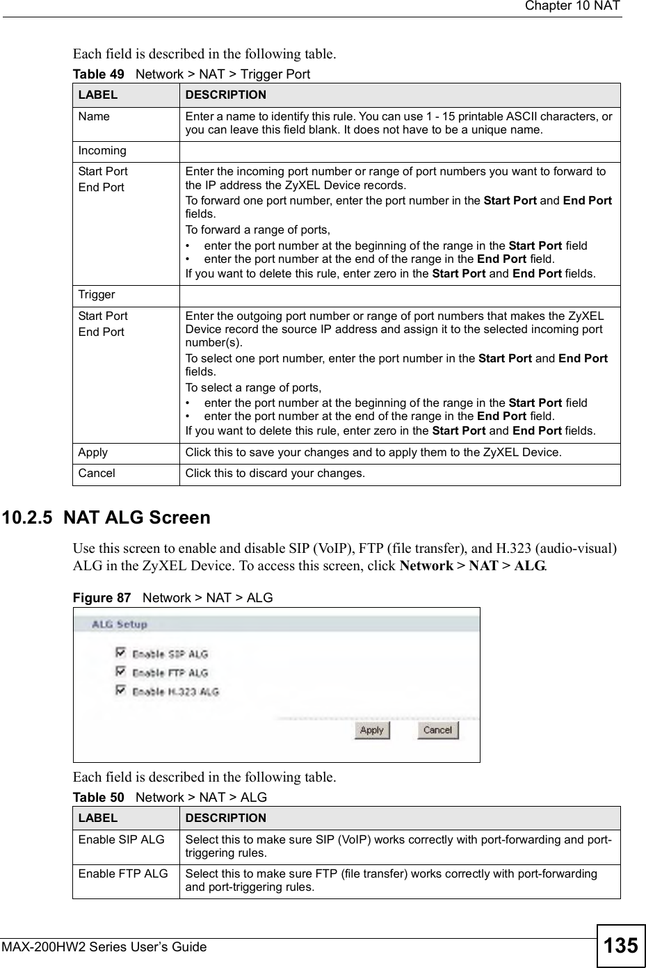  Chapter 10NATMAX-200HW2 Series User s Guide 135Each field is described in the following table.10.2.5  NAT ALG ScreenUse this screen to enable and disable SIP (VoIP), FTP (file transfer), and H.323 (audio-visual) ALG in the ZyXEL Device. To access this screen, click Network &gt; NAT &gt; ALG.Figure 87   Network &gt; NAT &gt; ALGEach field is described in the following table.Table 49   Network &gt; NAT &gt; Trigger PortLABEL DESCRIPTIONName Enter a name to identify this rule. You can use 1 - 15 printable ASCII characters, or you can leave this field blank. It does not have to be a unique name.IncomingStart PortEnd PortEnter the incoming port number or range of port numbers you want to forward to the IP address the ZyXEL Device records.To forward one port number, enter the port number in the Start Port and End Portfields.To forward a range of ports,#enter the port number at the beginning of the range in the Start Port field#enter the port number at the end of the range in the End Port field.If you want to delete this rule, enter zero in the Start Port and End Port fields.TriggerStart PortEnd PortEnter the outgoing port number or range of port numbers that makes the ZyXEL Device record the source IP address and assign it to the selected incoming port number(s).To select one port number, enter the port number in the Start Port and End Portfields.To select a range of ports,#enter the port number at the beginning of the range in the Start Port field#enter the port number at the end of the range in the End Port field.If you want to delete this rule, enter zero in the Start Port and End Port fields.Apply Click this to save your changes and to apply them to the ZyXEL Device.Cancel Click this to discard your changes.Table 50   Network &gt; NAT &gt; ALGLABEL DESCRIPTIONEnable SIP ALG Select this to make sure SIP (VoIP) works correctly with port-forwarding and port-triggering rules.Enable FTP ALG Select this to make sure FTP (file transfer) works correctly with port-forwarding and port-triggering rules.