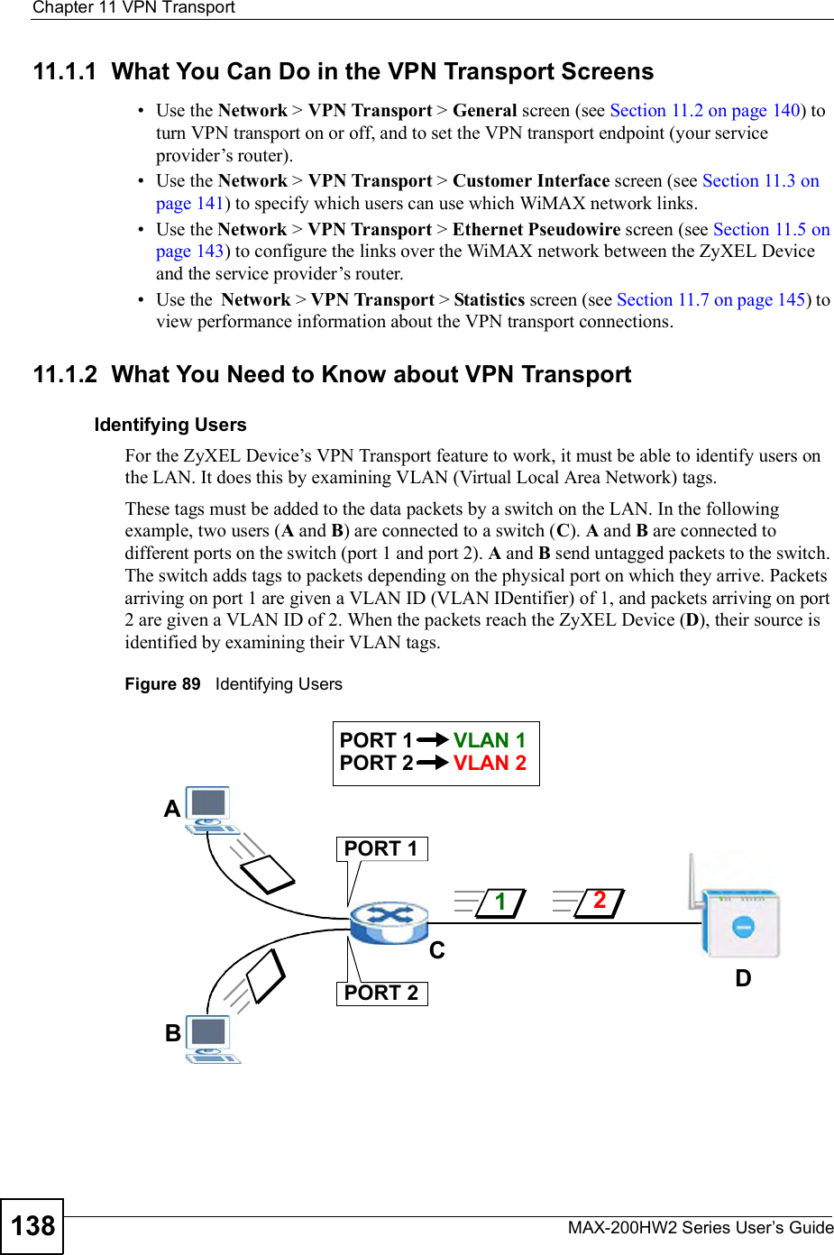 Chapter 11VPN TransportMAX-200HW2 Series User s Guide13811.1.1  What You Can Do in the VPN Transport Screens Use the Network &gt; VPN Transport &gt; General screen (see Section 11.2 on page 140) to turn VPN transport on or off, and to set the VPN transport endpoint (your service provider!s router).  Use the Network &gt; VPN Transport &gt; Customer Interface screen (see Section 11.3 on page 141) to specify which users can use which WiMAX network links. Use the Network &gt; VPN Transport &gt; Ethernet Pseudowire screen (see Section 11.5 on page 143) to configure the links over the WiMAX network between the ZyXEL Device and the service provider!s router. Use the  Network &gt; VPN Transport &gt; Statistics screen (see Section 11.7 on page 145) to view performance information about the VPN transport connections.11.1.2  What You Need to Know about VPN TransportIdentifying UsersFor the ZyXEL Device!s VPN Transport feature to work, it must be able to identify users on the LAN. It does this by examining VLAN (Virtual Local Area Network) tags.These tags must be added to the data packets by a switch on the LAN. In the following example, two users (A and B) are connected to a switch (C). A and B are connected to different ports on the switch (port 1 and port 2). A and B send untagged packets to the switch. The switch adds tags to packets depending on the physical port on which they arrive. Packets arriving on port 1 are given a VLAN ID (VLAN IDentifier) of 1, and packets arriving on port 2 are given a VLAN ID of 2. When the packets reach the ZyXEL Device (D), their source is identified by examining their VLAN tags.Figure 89   Identifying UsersABPORT 1PORT 2PORT 1 VLAN 1PORT 2 VLAN 212CD