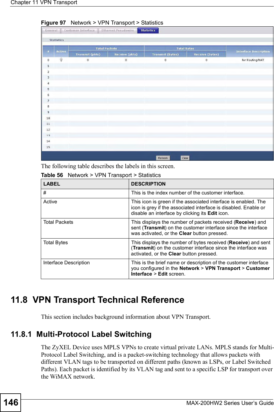 Chapter 11VPN TransportMAX-200HW2 Series User s Guide146Figure 97   Network &gt; VPN Transport &gt; StatisticsThe following table describes the labels in this screen.11.8  VPN Transport Technical ReferenceThis section includes background information about VPN Transport.11.8.1  Multi-Protocol Label SwitchingThe ZyXEL Device uses MPLS VPNs to create virtual private LANs. MPLS stands for Multi-Protocol Label Switching, and is a packet-switching technology that allows packets with different VLAN tags to be transported on different paths (known as LSPs, or Label Switched Paths). Each packet is identified by its VLAN tag and sent to a specific LSP for transport over the WiMAX network. Table 56   Network &gt; VPN Transport &gt; StatisticsLABEL DESCRIPTION#This is the index number of the customer interface.ActiveThis icon is green if the associated interface is enabled. The icon is grey if the associated interface is disabled. Enable or disable an interface by clicking its Edit icon.Total PacketsThis displays the number of packets received (Receive) and sent (Transmit) on the customer interface since the interface was activated, or the Clear button pressed.Total BytesThis displays the number of bytes received (Receive) and sent (Transmit) on the customer interface since the interface was activated, or the Clear button pressed.Interface DescriptionThis is the brief name or description of the customer interface you configured in the Network &gt; VPN Transport &gt; Customer Interface &gt; Edit screen.