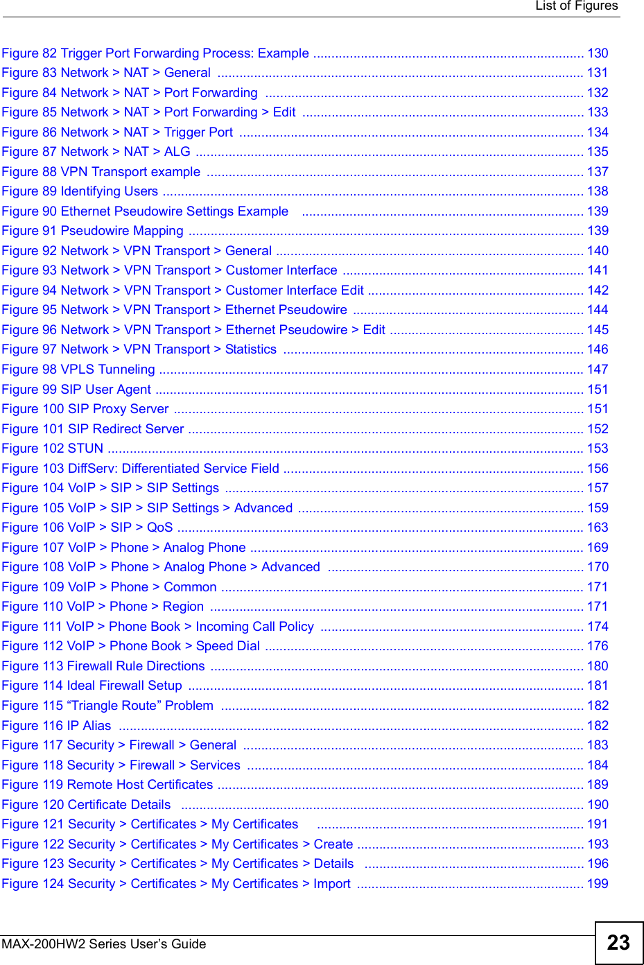  List of FiguresMAX-200HW2 Series User s Guide 23Figure 82 Trigger Port Forwarding Process: Example ..........................................................................130Figure 83 Network &gt; NAT &gt; General ....................................................................................................131Figure 84 Network &gt; NAT &gt; Port Forwarding .......................................................................................132Figure 85 Network &gt; NAT &gt; Port Forwarding &gt; Edit .............................................................................133Figure 86 Network &gt; NAT &gt; Trigger Port ..............................................................................................134Figure 87 Network &gt; NAT &gt; ALG ..........................................................................................................135Figure 88 VPN Transport example .......................................................................................................137Figure 89 Identifying Users ...................................................................................................................138Figure 90 Ethernet Pseudowire Settings Example   .............................................................................139Figure 91 Pseudowire Mapping ............................................................................................................139Figure 92 Network &gt; VPN Transport &gt; General ....................................................................................140Figure 93 Network &gt; VPN Transport &gt; Customer Interface ..................................................................141Figure 94 Network &gt; VPN Transport &gt; Customer Interface Edit ...........................................................142Figure 95 Network &gt; VPN Transport &gt; Ethernet Pseudowire ...............................................................144Figure 96 Network &gt; VPN Transport &gt; Ethernet Pseudowire &gt; Edit .....................................................145Figure 97 Network &gt; VPN Transport &gt; Statistics ..................................................................................146Figure 98 VPLS Tunneling ....................................................................................................................147Figure 99 SIP User Agent .....................................................................................................................151Figure 100 SIP Proxy Server ................................................................................................................151Figure 101 SIP Redirect Server ............................................................................................................152Figure 102 STUN ..................................................................................................................................153Figure 103 DiffServ: Differentiated Service Field ..................................................................................156Figure 104 VoIP &gt; SIP &gt; SIP Settings ..................................................................................................157Figure 105 VoIP &gt; SIP &gt; SIP Settings &gt; Advanced ..............................................................................159Figure 106 VoIP &gt; SIP &gt; QoS ...............................................................................................................163Figure 107 VoIP &gt; Phone &gt; Analog Phone ...........................................................................................169Figure 108 VoIP &gt; Phone &gt; Analog Phone &gt; Advanced ......................................................................170Figure 109 VoIP &gt; Phone &gt; Common ...................................................................................................171Figure 110 VoIP &gt; Phone &gt; Region ......................................................................................................171Figure 111 VoIP &gt; Phone Book &gt; Incoming Call Policy ........................................................................174Figure 112 VoIP &gt; Phone Book &gt; Speed Dial .......................................................................................176Figure 113 Firewall Rule Directions ......................................................................................................180Figure 114 Ideal Firewall Setup ............................................................................................................181Figure 115 !Triangle Route&quot; Problem ...................................................................................................182Figure 116 IP Alias ...............................................................................................................................182Figure 117 Security &gt; Firewall &gt; General .............................................................................................183Figure 118 Security &gt; Firewall &gt; Services ............................................................................................184Figure 119 Remote Host Certificates ....................................................................................................189Figure 120 Certificate Details  ..............................................................................................................190Figure 121 Security &gt; Certificates &gt; My Certificates    .........................................................................191Figure 122 Security &gt; Certificates &gt; My Certificates &gt; Create ..............................................................193Figure 123 Security &gt; Certificates &gt; My Certificates &gt; Details  ............................................................196Figure 124 Security &gt; Certificates &gt; My Certificates &gt; Import ..............................................................199