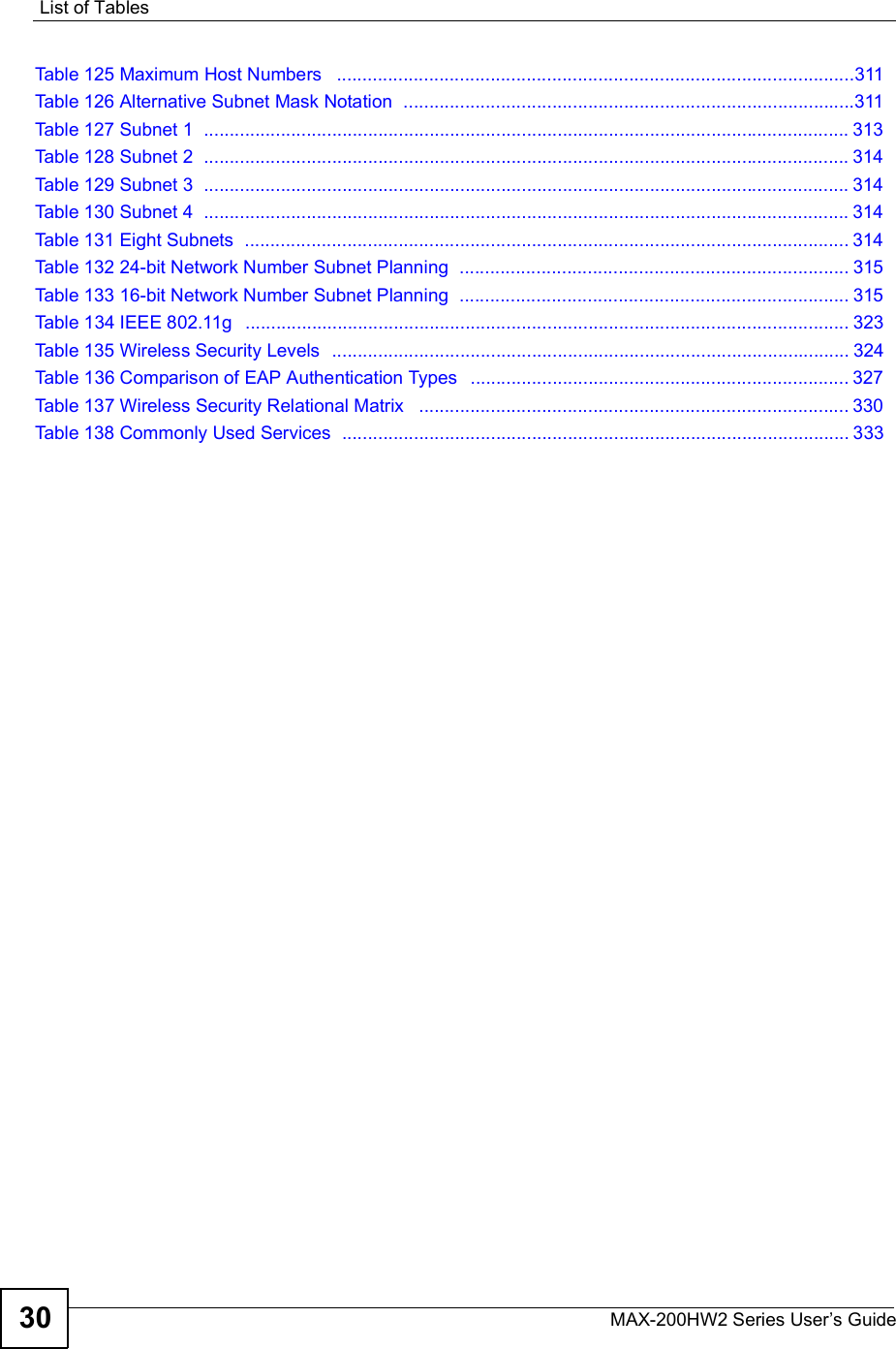 List of TablesMAX-200HW2 Series User s Guide30Table 125 Maximum Host Numbers  .....................................................................................................311Table 126 Alternative Subnet Mask Notation  ........................................................................................311Table 127 Subnet 1  ..............................................................................................................................313Table 128 Subnet 2  ..............................................................................................................................314Table 129 Subnet 3  ..............................................................................................................................314Table 130 Subnet 4  ..............................................................................................................................314Table 131 Eight Subnets  ......................................................................................................................314Table 132 24-bit Network Number Subnet Planning  ............................................................................315Table 133 16-bit Network Number Subnet Planning  ............................................................................315Table 134 IEEE 802.11g  ......................................................................................................................323Table 135 Wireless Security Levels  .....................................................................................................324Table 136 Comparison of EAP Authentication Types  ..........................................................................327Table 137 Wireless Security Relational Matrix  ....................................................................................330Table 138 Commonly Used Services  ...................................................................................................333