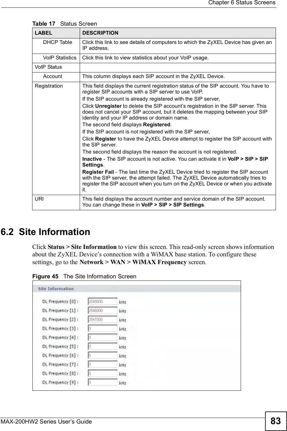  Chapter 6Status ScreensMAX-200HW2 Series User s Guide 836.2  Site InformationClick Status &gt; Site Information to view this screen. This read-only screen shows information about the ZyXEL Device!s connection with a WiMAX base station. To configure these settings, go to the Network &gt; WAN &gt; WiMAX Frequency screen.Figure 45   The Site Information ScreenDHCP TableClick this link to see details of computers to which the ZyXEL Device has given an IP address.VoIP StatisticsClick this link to view statistics about your VoIP usage. VoIP StatusAccountThis column displays each SIP account in the ZyXEL Device.RegistrationThis field displays the current registration status of the SIP account. You have to register SIP accounts with a SIP server to use VoIP.If the SIP account is already registered with the SIP server,Click Unregister to delete the SIP account s registration in the SIP server. This does not cancel your SIP account, but it deletes the mapping between your SIP identity and your IP address or domain name.The second field displays Registered.If the SIP account is not registered with the SIP server,Click Register to have the ZyXEL Device attempt to register the SIP account with the SIP server.The second field displays the reason the account is not registered.Inactive - The SIP account is not active. You can activate it in VoIP &gt; SIP &gt; SIP Settings.Register Fail - The last time the ZyXEL Device tried to register the SIP account with the SIP server, the attempt failed. The ZyXEL Device automatically tries to register the SIP account when you turn on the ZyXEL Device or when you activate it.URIThis field displays the account number and service domain of the SIP account. You can change these in VoIP &gt; SIP &gt; SIP Settings.Table 17   Status ScreenLABEL DESCRIPTION