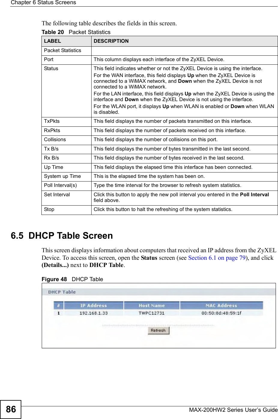 Chapter 6Status ScreensMAX-200HW2 Series User s Guide86The following table describes the fields in this screen.  6.5  DHCP Table ScreenThis screen displays information about computers that received an IP address from the ZyXEL Device. To access this screen, open the Status screen (see Section 6.1 on page 79), and click (Details...) next to DHCP Table.Figure 48   DHCP TableTable 20   Packet StatisticsLABEL DESCRIPTIONPacket StatisticsPortThis column displays each interface of the ZyXEL Device.Status  This field indicates whether or not the ZyXEL Device is using the interface.For the WAN interface, this field displays Up when the ZyXEL Device is connected to a WiMAX network, and Down when the ZyXEL Device is not connected to a WiMAX network.For the LAN interface, this field displays Up when the ZyXEL Device is using the interface and Down when the ZyXEL Device is not using the interface.For the WLAN port, it displays Up when WLAN is enabled or Down when WLAN is disabled.TxPkts  This field displays the number of packets transmitted on this interface.RxPkts  This field displays the number of packets received on this interface.Collisions This field displays the number of collisions on this port.Tx B/s  This field displays the number of bytes transmitted in the last second.Rx B/s This field displays the number of bytes received in the last second.Up Time  This field displays the elapsed time this interface has been connected. System up Time This is the elapsed time the system has been on.Poll Interval(s) Type the time interval for the browser to refresh system statistics.Set Interval Click this button to apply the new poll interval you entered in the Poll Intervalfield above.Stop Click this button to halt the refreshing of the system statistics.